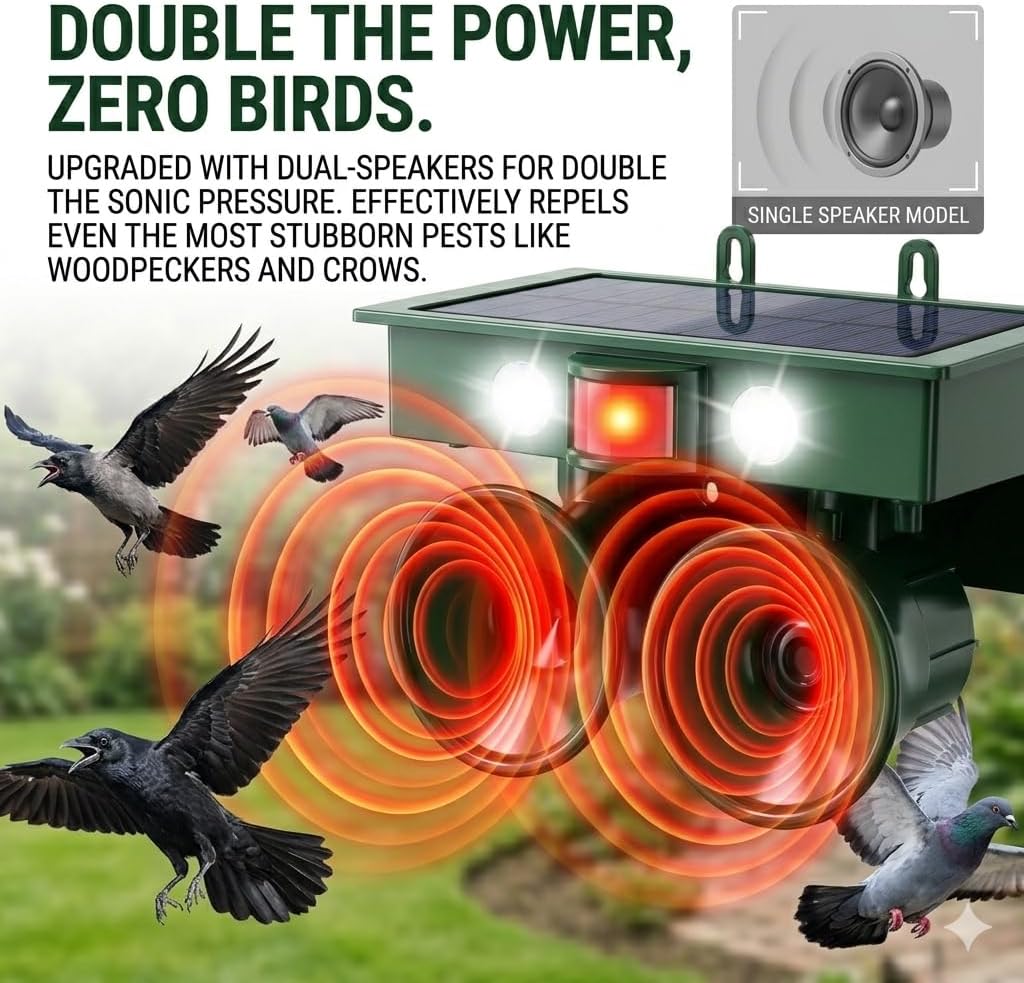 2026 Solar Ultrasonic Bird Repellent Devices Outdoor Woodpecker Deterrent for House Pigeon Goose Repellent with Motion-Sensor&Flash Light,IP65 Waterproof Bird Scare Devices for Balcony Porch Patio