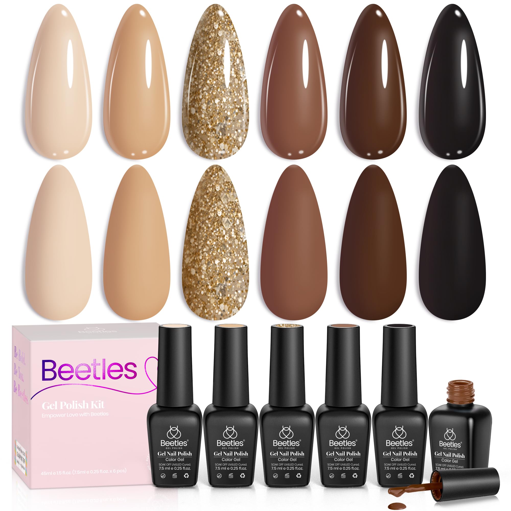 Beetles Nude Brown Gel Nail Polish Kit, 6 Colors Glitter Gold Nude Brown Neutral Beige Khaki Gel Nail Polish Set Roasted Chestnuts Collection Uv Gel Nail Art Manicure Gift for Women