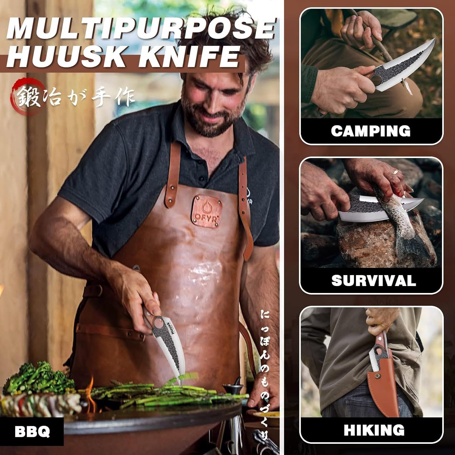 Huusk Chef Knives with Sheath, Hand Forged Viking Knife, Japanese Butcher Knife, Cool Caveman Knives for Kitchen and Outdoor Camping, Gift for Men and Women - Image 6