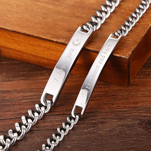 Miniatura 5 de Cupimatch Juego de 2 pulseras para parejas con circonita cúbica, acero inoxidable de titanio ajustable Always & Forever y Always Love a juego