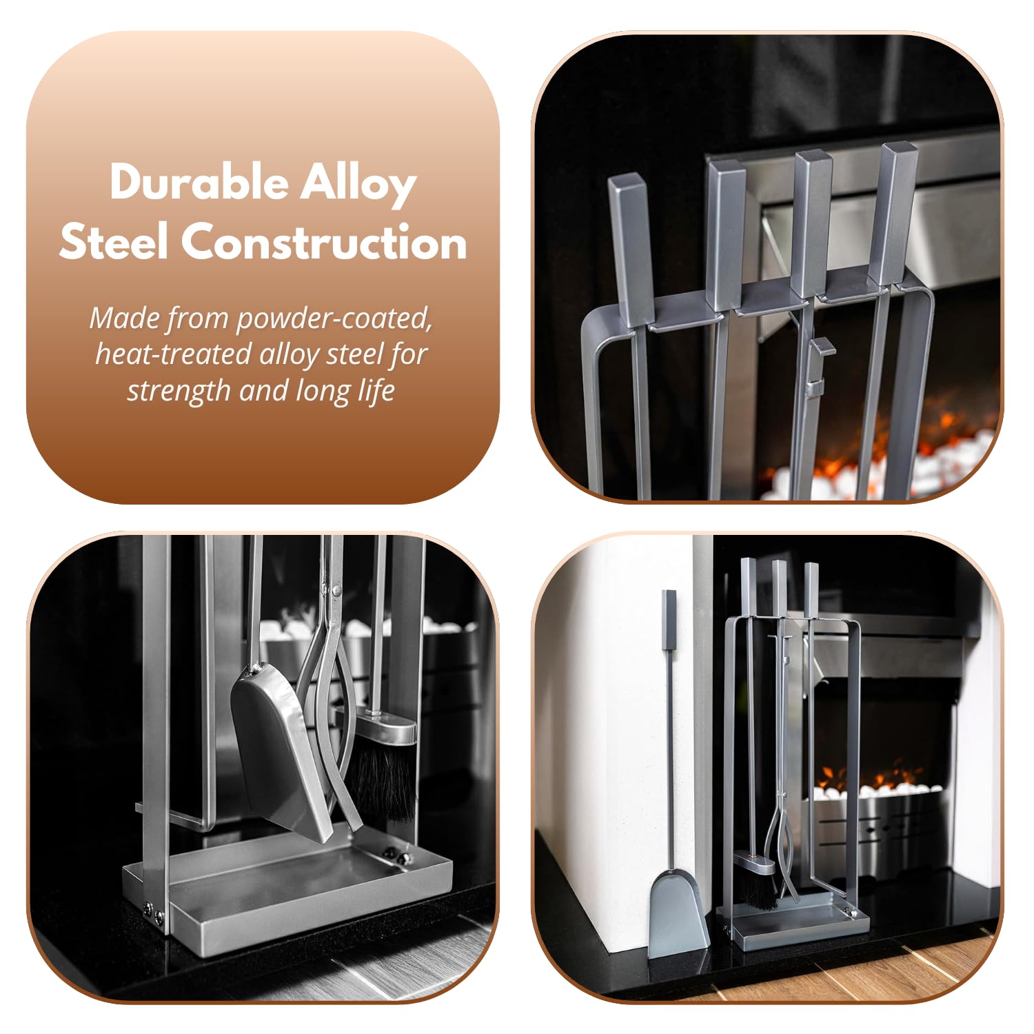 Garden Mile® 5pc Indoor Fireplace Accessory Fireside Accessories Metal Fireside Decorative Storage For Tools Metal Steel Rack For Storage Fireplaces Decoration Surround Fire Surrounds