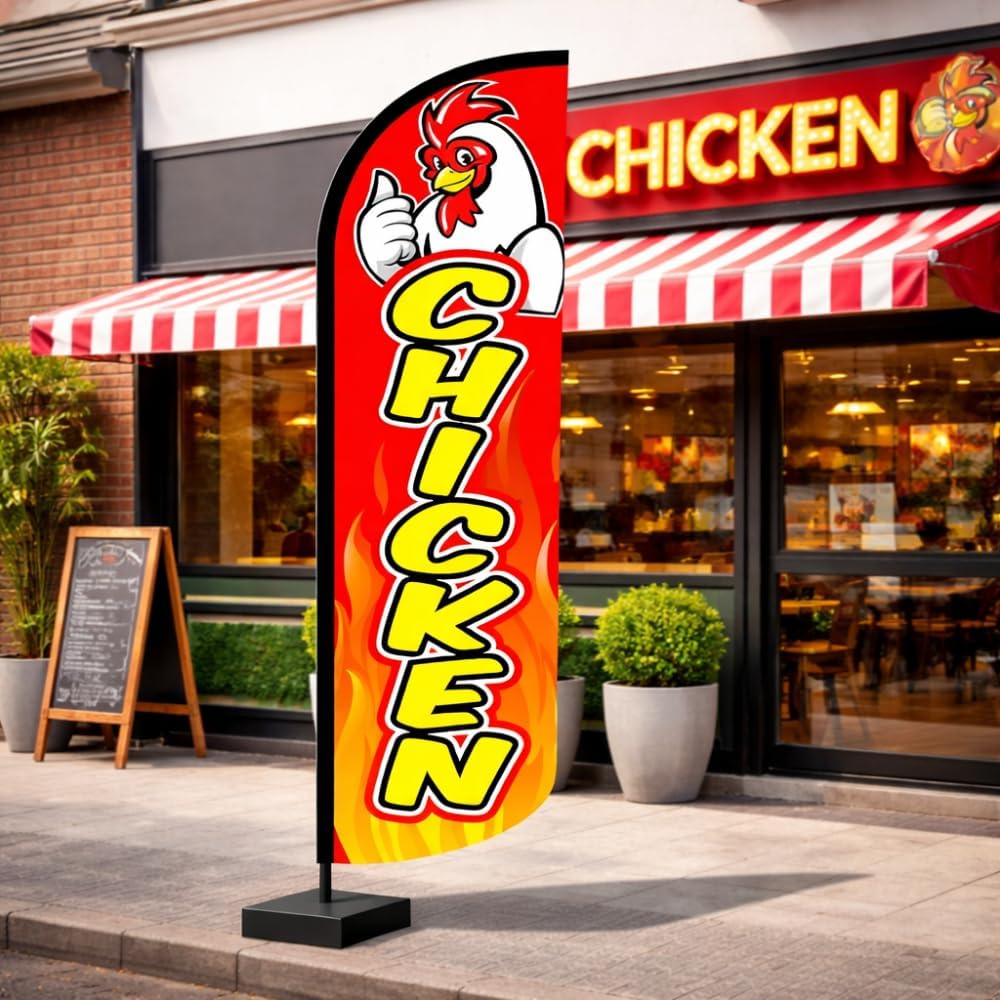 Chicken Flag with Pole– Pack of 1 | 3x11.5 ft Outdoor Advertising Sign | Banner for Chicken shop, Chicken Wing Promotion | Flag for fairs, events, food trucks | Weatherproof Polyester (With Complete Hybrid Pole Set)