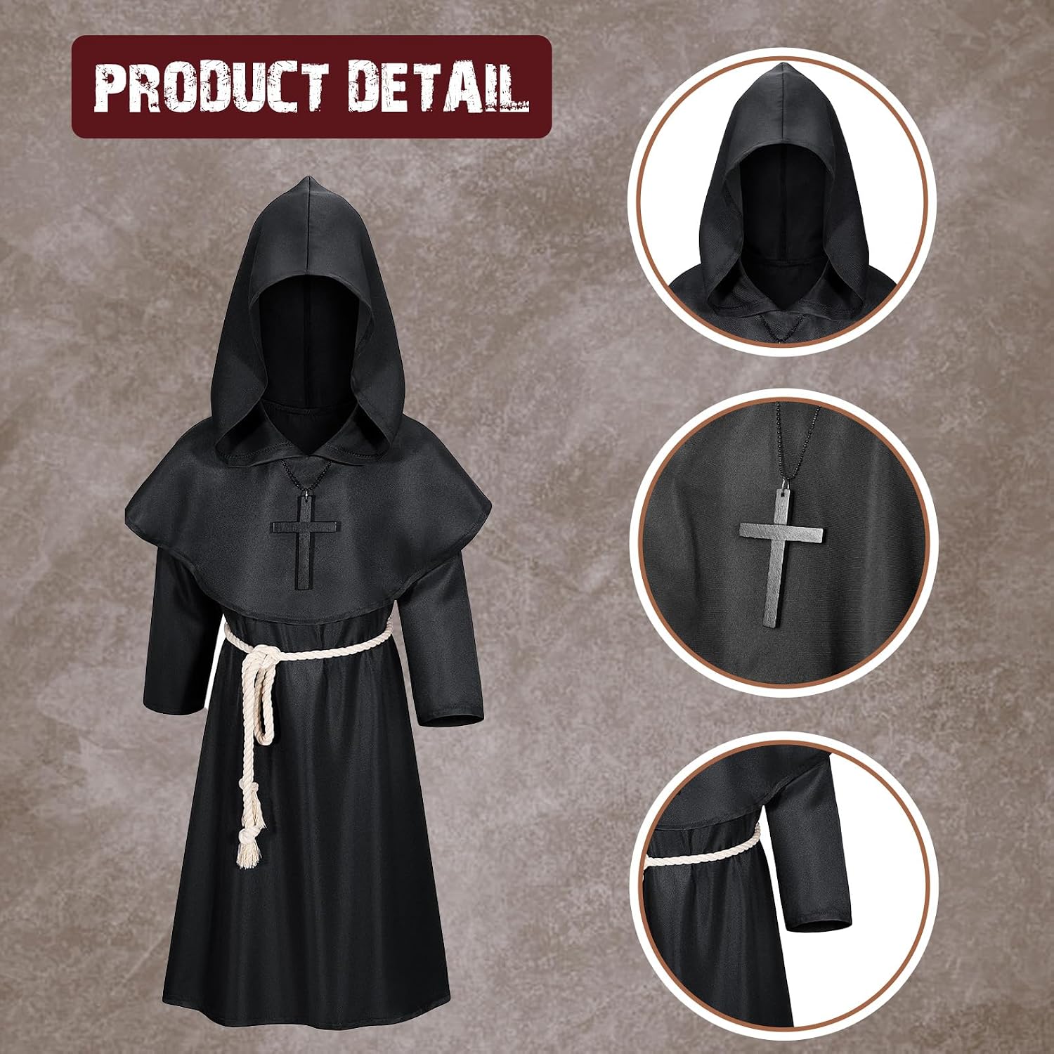 Petalum Mittelalter-Kostüm – Soutane Mit Kapuze, Gürtel & Kreuz, Unisex Priester/Mönch Gewand Für Halloween & Renaissance-Feste