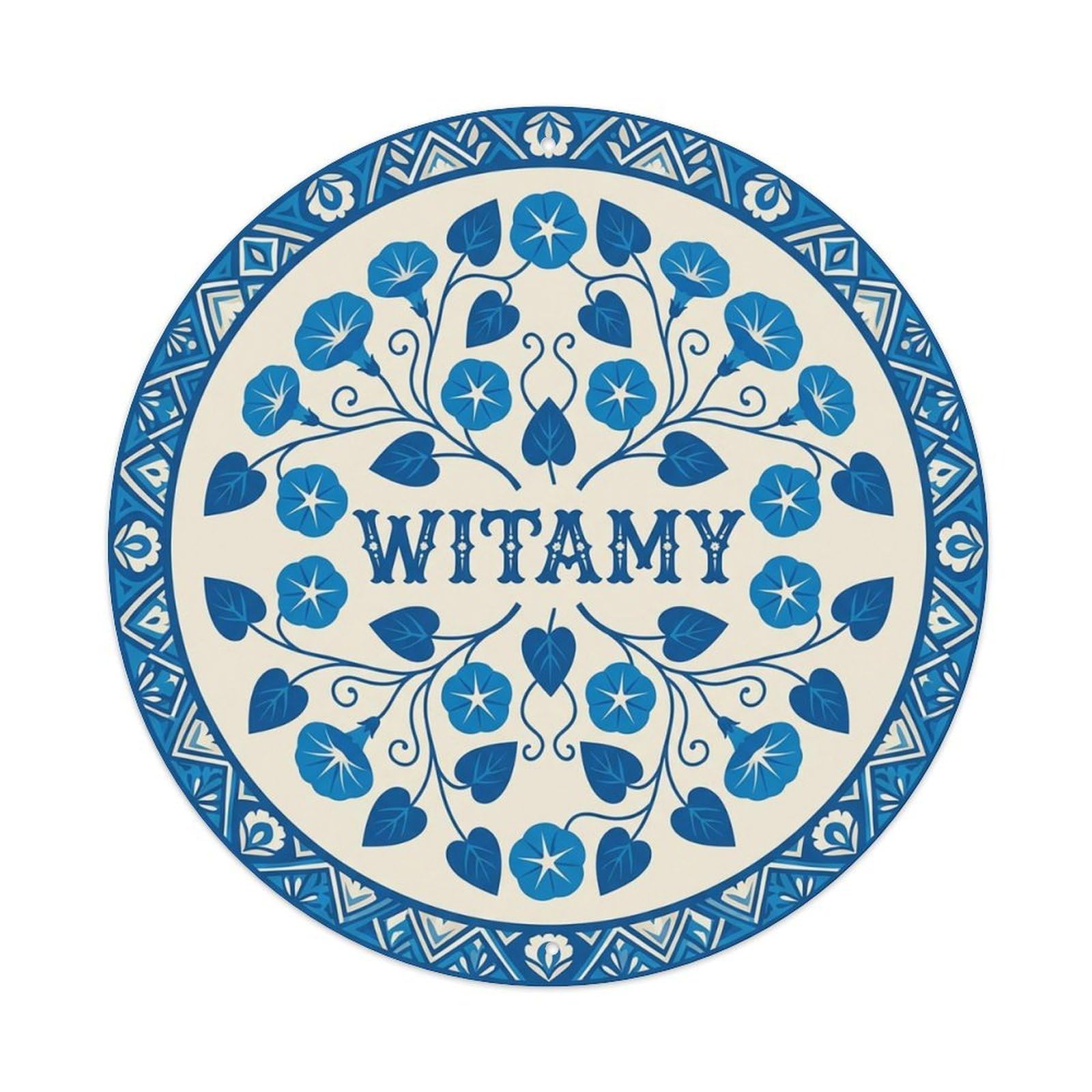 Vintage Polish Folk Art Witamy Welcome Morning Glory Blue Metal Tin Sign