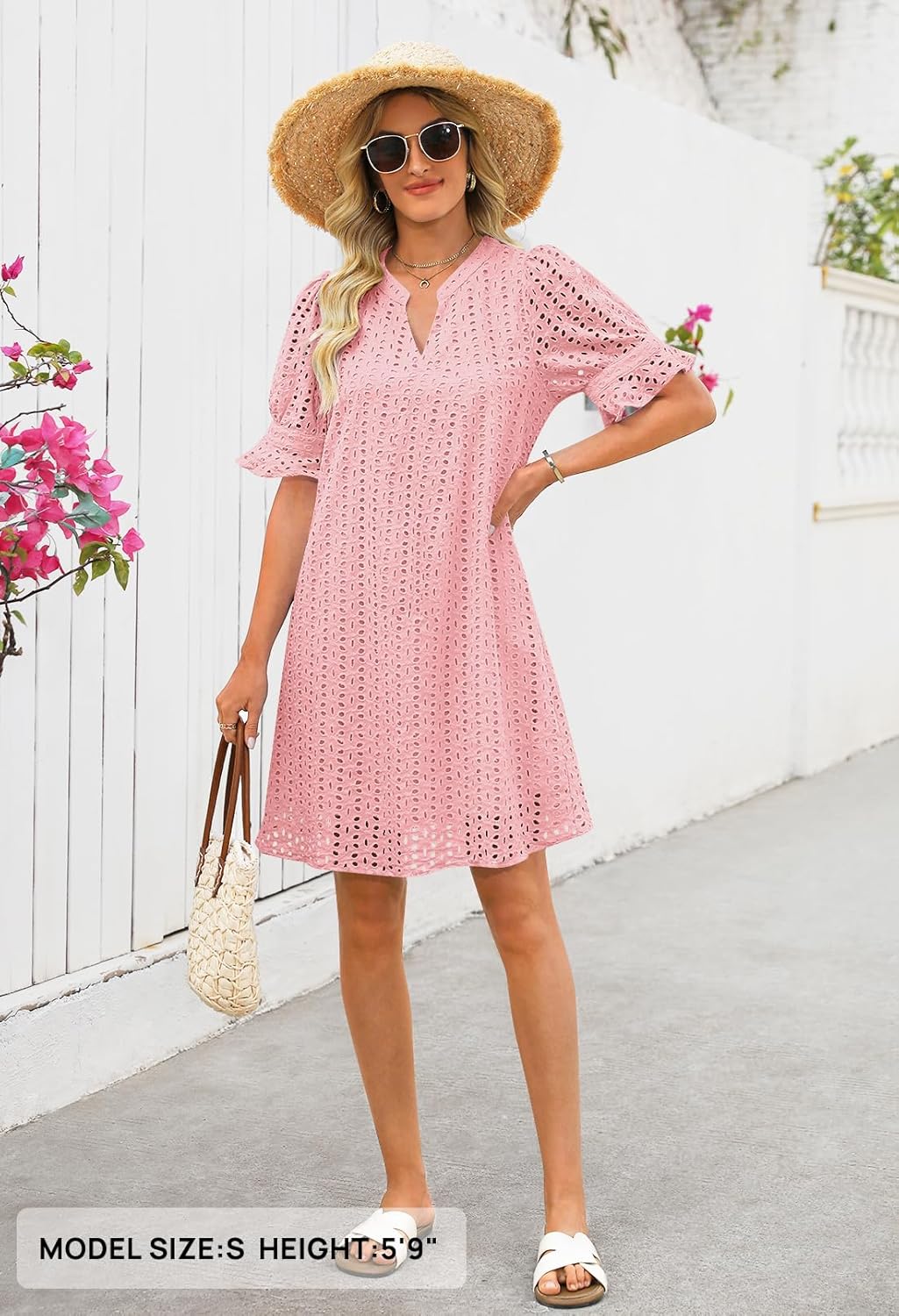 MEROKEETY Women's 2026 Summer Short Sleeve Mini Dress V Neck Ruffle Hollow Out Eyelet Lace Dresses - Image 7