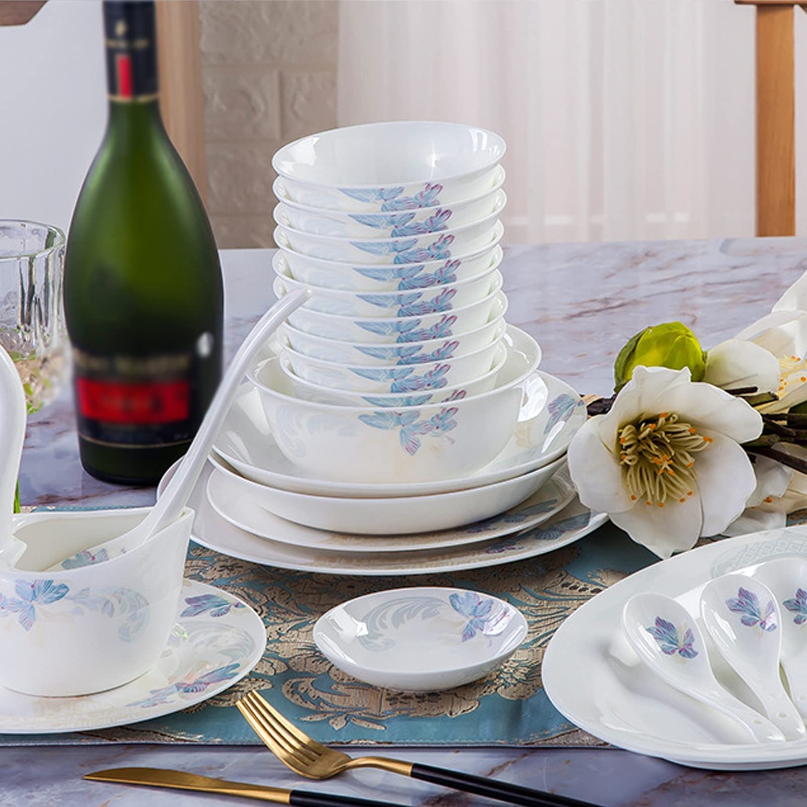 Zestaw Naczyń Ceramicznych W Stylu Retro, Piękny Zestaw Porcelany W Kolorze Niebieskim I Białym, Idealny Na Domowe Przyjęcie, Wesele, Hotel, Boże Narodzenie