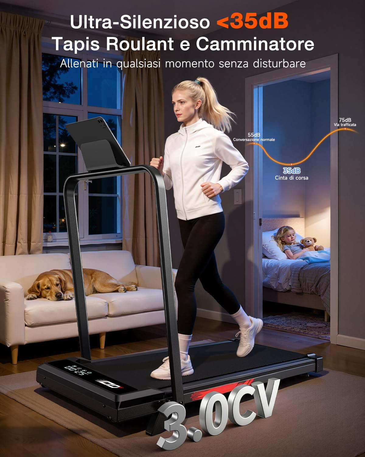 Tapis Roulant Elettrico Pieghevole, 9% Pendenza, 1-10 km/h, 3,0 CV | Casa e ufficio, <35 dB, LED, telecomando, 5 strati antiscivolo, 8 ammortizzatori, 9 cm piegato, ruote trasporto