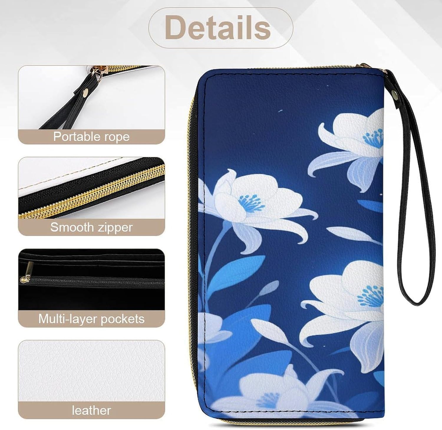 Blue And White Flowers PU Leather Stylish Wallet image 5