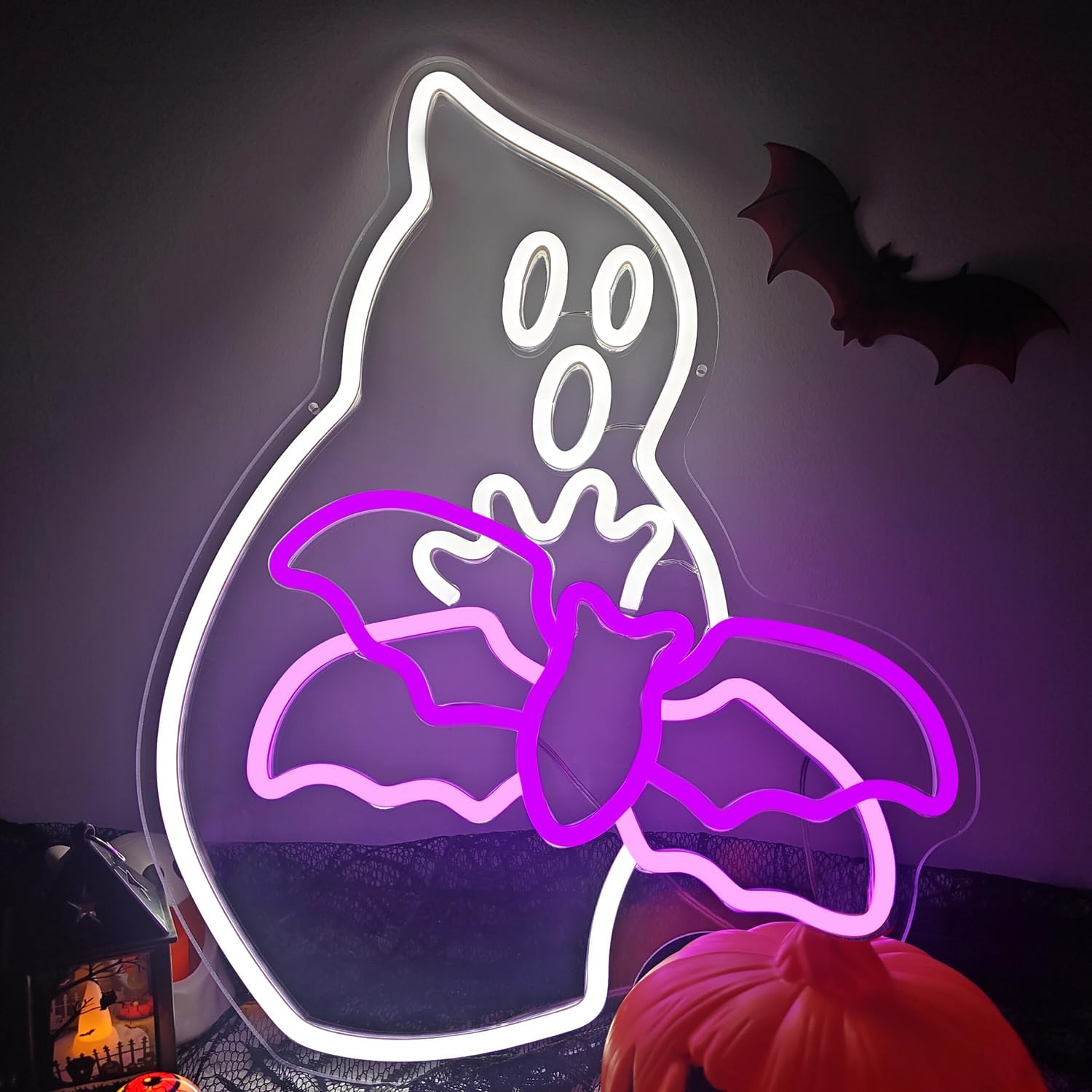 Halloween Neon Sign Dimmable Flying Neon Bat Sign for Wall Decor Halloween Ghost Window Light Up Sign Led Bats Party Decoration for Bedroom, Kids Room, Indoor Decor