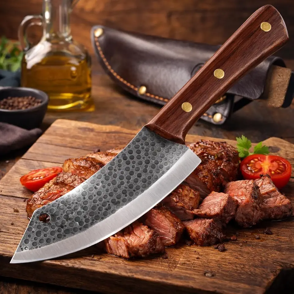 Cutelo Faca Facão Chef Açougueiro Artesanal Sérvio em Aço Inox Forjado, Lâmina Martelada, Cabo de Madeira Rústico com Bainha de Couro para Churrasco e Cozinha Profissional