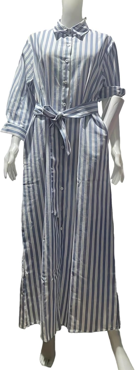 SOMTHRON Women's Summer Striped Shirt Dress 3/4 Sleeve Button Down Lapel Cotton Linen Maxi Dress with Belt - Image 6