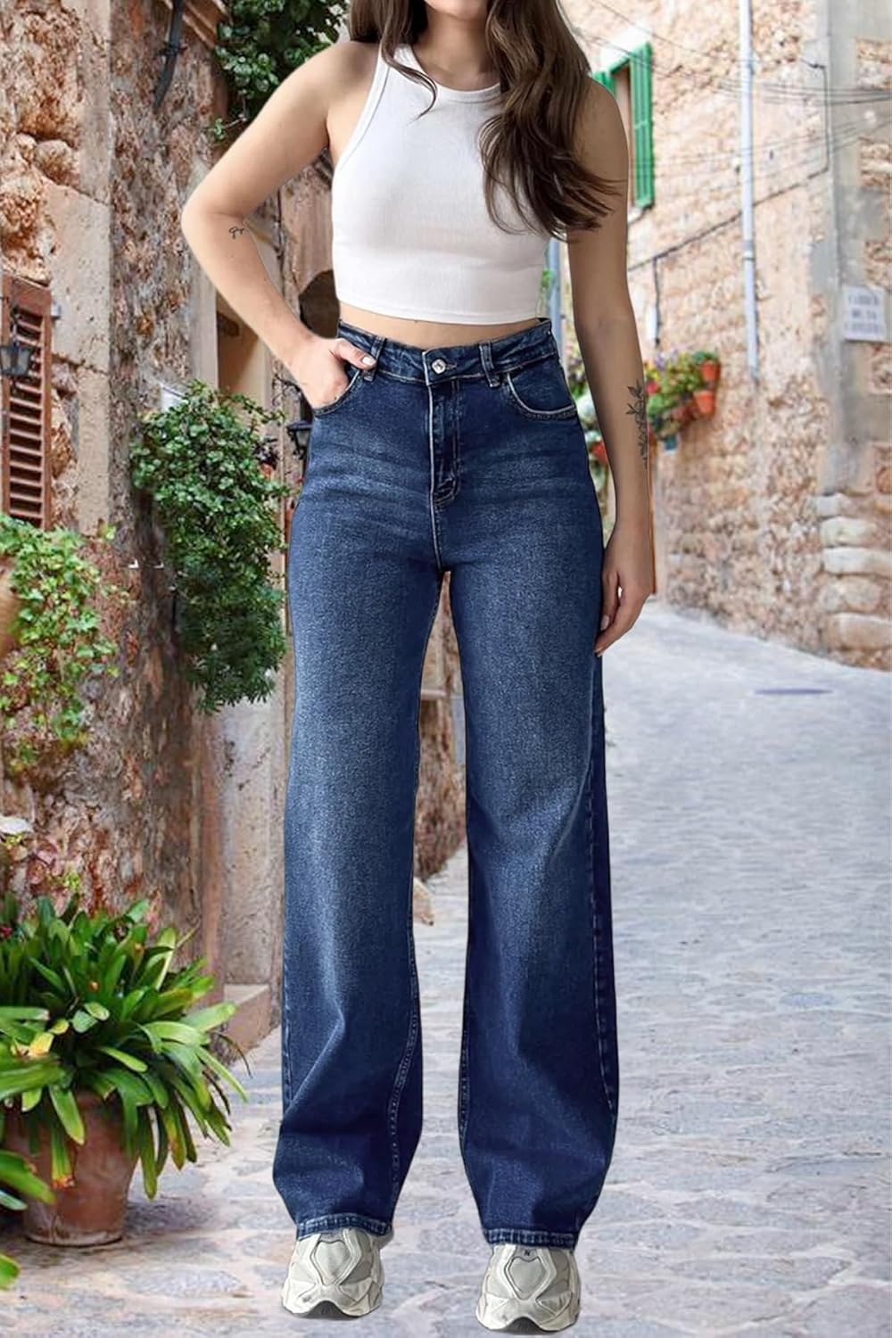 Women's Wide Leg Straight Jeans High Waist Stretchy Boyfriend Classic Denim Pants - Image 5