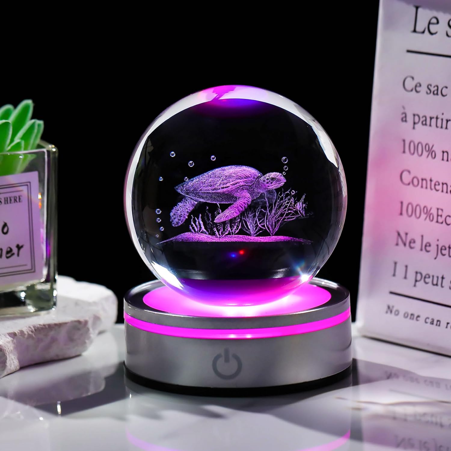 Movdyka Sea Turtle Gifts for Women Men 3D Sea Turtle Decor Statue Crystal Ball Night Light, Laser Engraved Sea Turtle Ornament Figurine Glass Snow Globe Room Decorations Crafts - Image 2