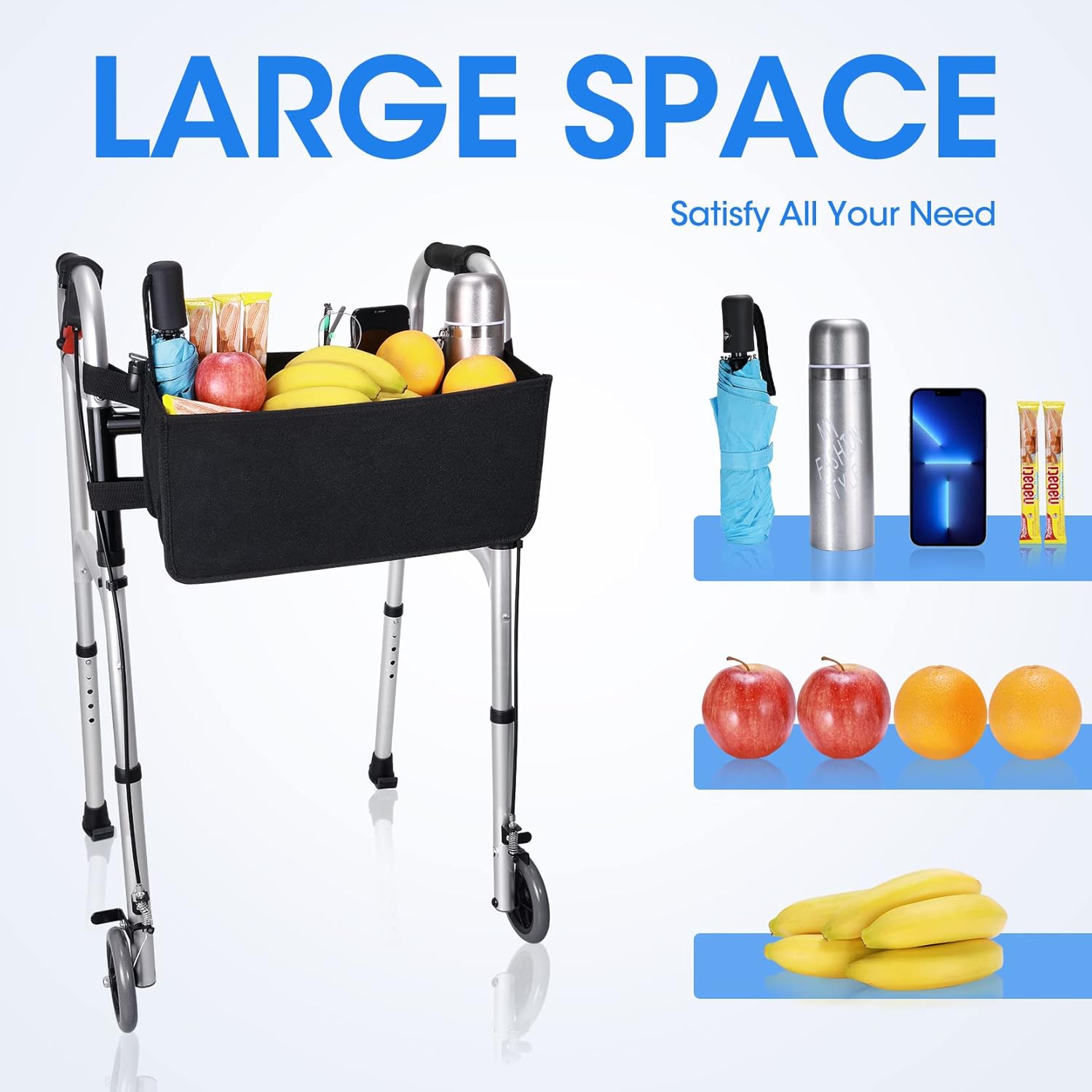Dotday Walker Basket, Walker Bag Water Bottle Holder, Foldable Walker Storage Bag with Big Capacity & Never tipping over the walker, Best Gift for Family and Friends - Black (Not Fit Rollator Walkers) : Health & Household