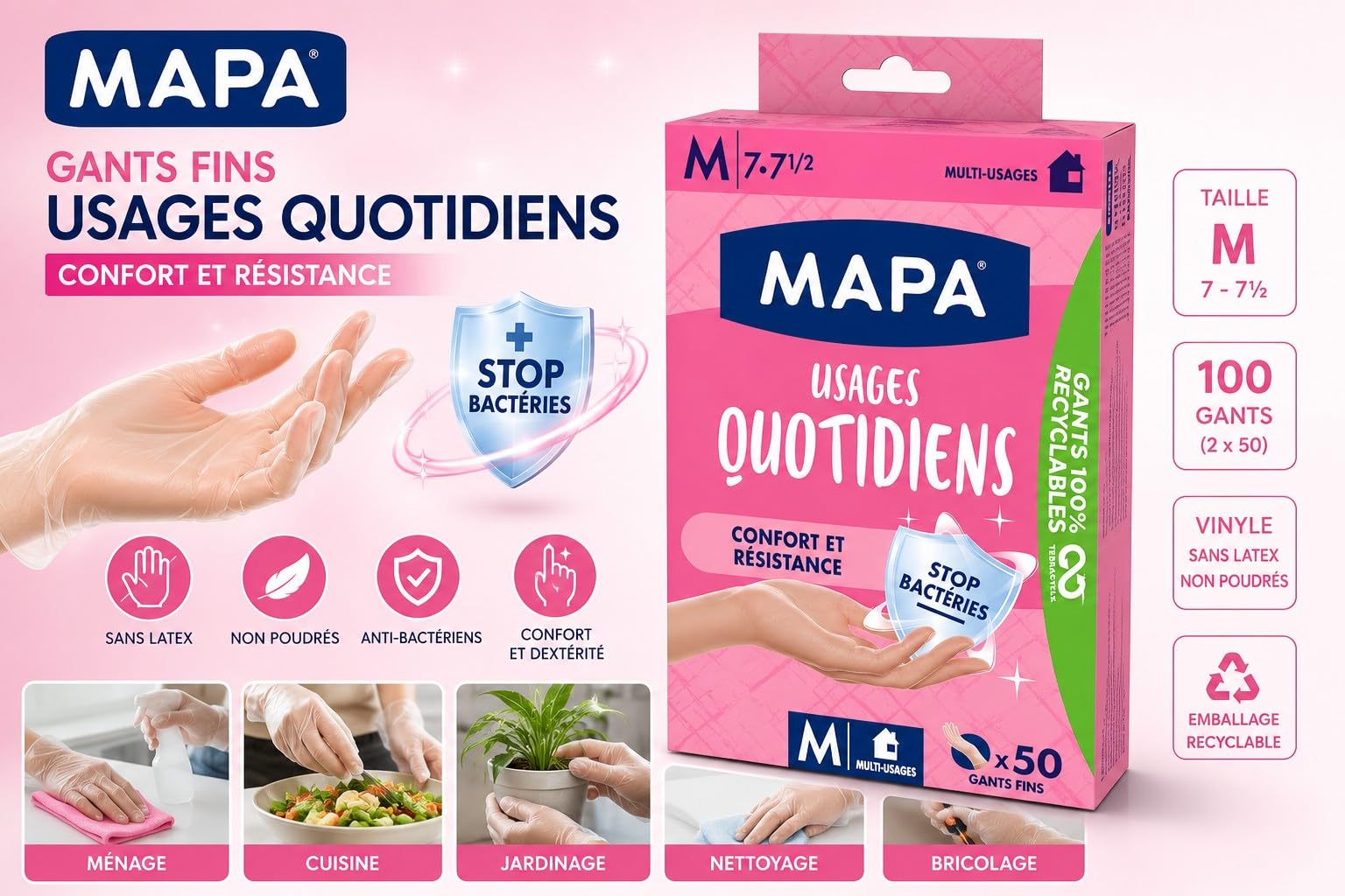 MAPA Gants Fins Usages Quotidiens Taille M – Boîte de 50 Gants en Vinyle Non Poudrés – Anti-Bactériens, Sans Latex, Multi-Usages, Confortables – Lot de 2