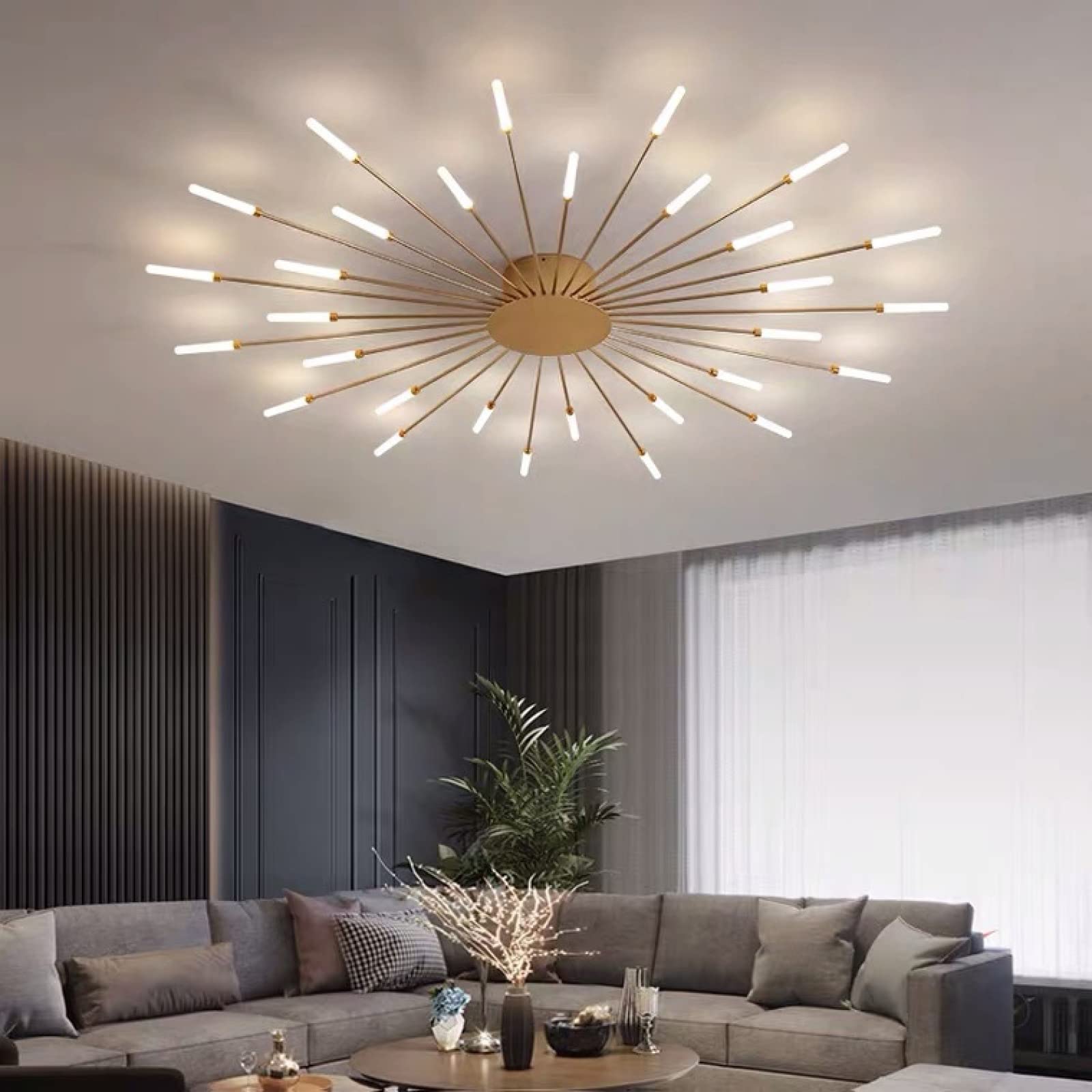Feuerwerk-Design LED Deckenleuchte Nordischer Stil Halbbündige Montage Kronleuchter Cluster-Design Metall Deckenlampe Für Wohnzimmer Schlafzimmer,Black+3 Colour Light-30 Heads-60W