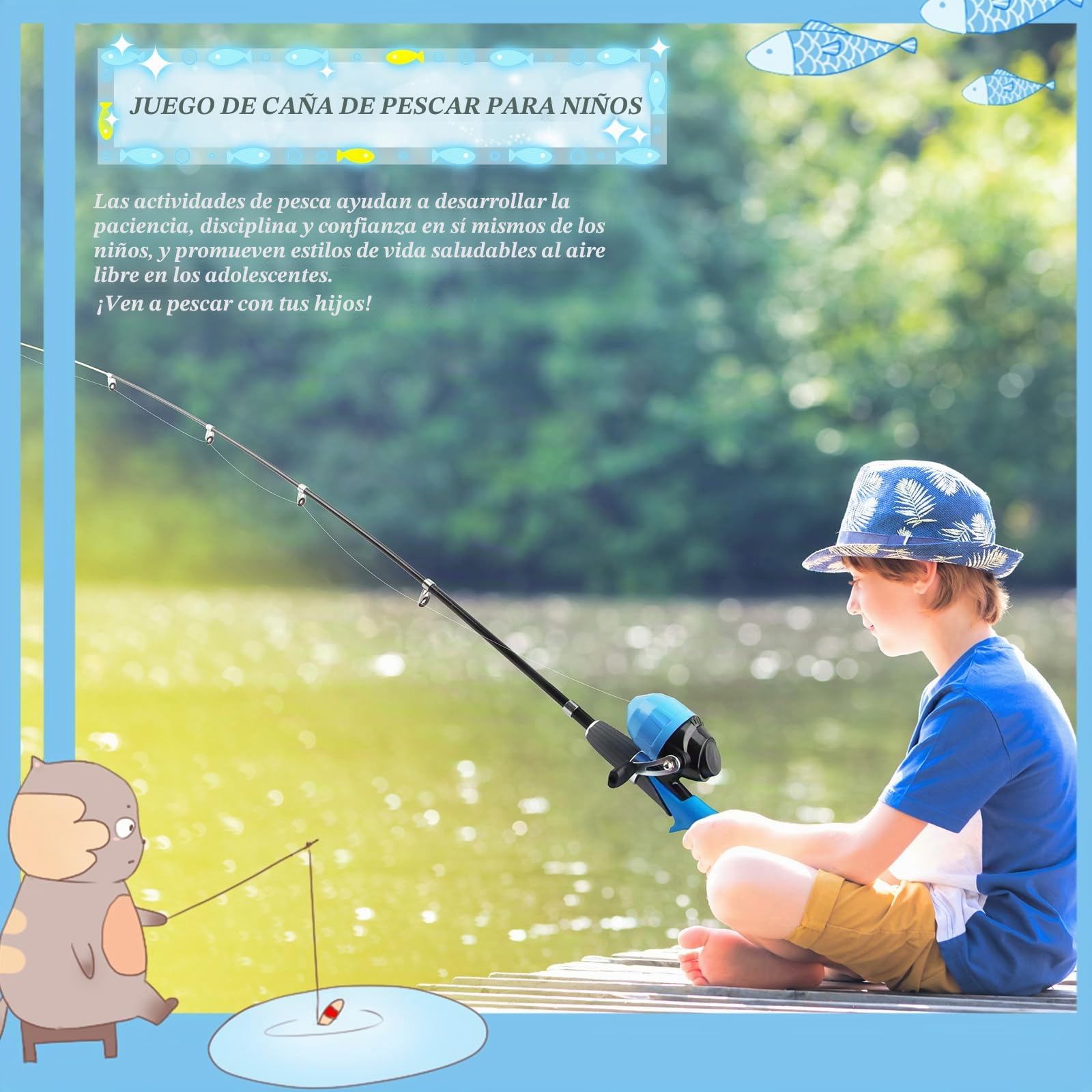 dellyy Cañas de Pescar, Juego de Pesca para Niños, Carretes de Pesca + Caña de Pescar Telescópica, Señuelos de Pesca y Accesorios, Caña de Pescar para Viaje, con Bolsa para Equipo de Pesca