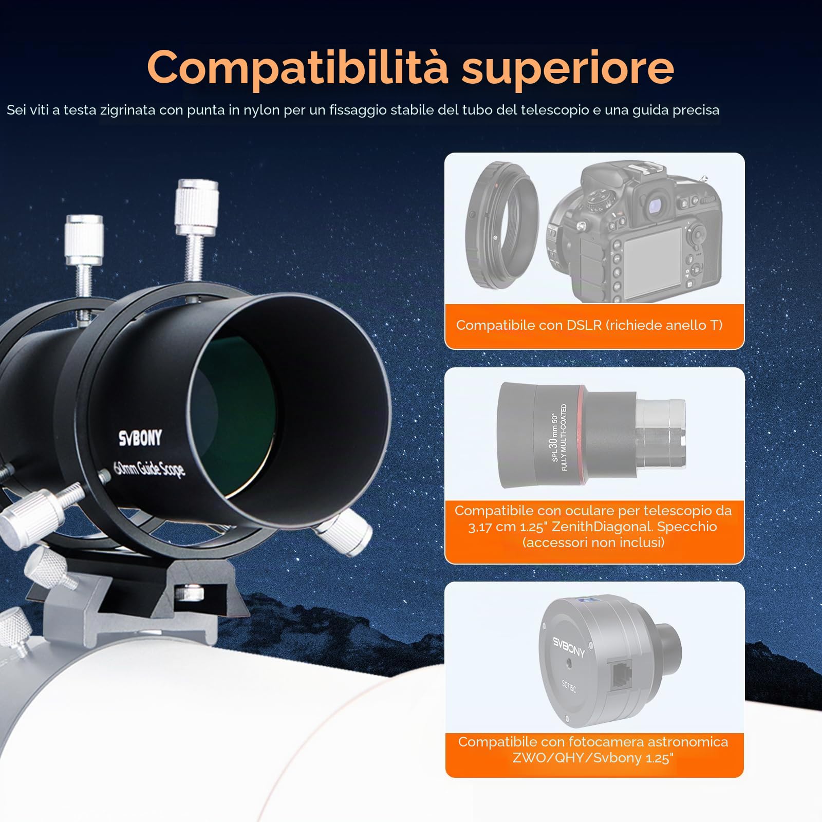 Svbony SV106 Telescopio Guida, Cercatore con Rivestimento Completo con Focheggiatore Elicoidale, 60mm F4 per Guidare Ricerca delle Stelle, Compatibile con Fotocamera ZWO QHY Auto Guide