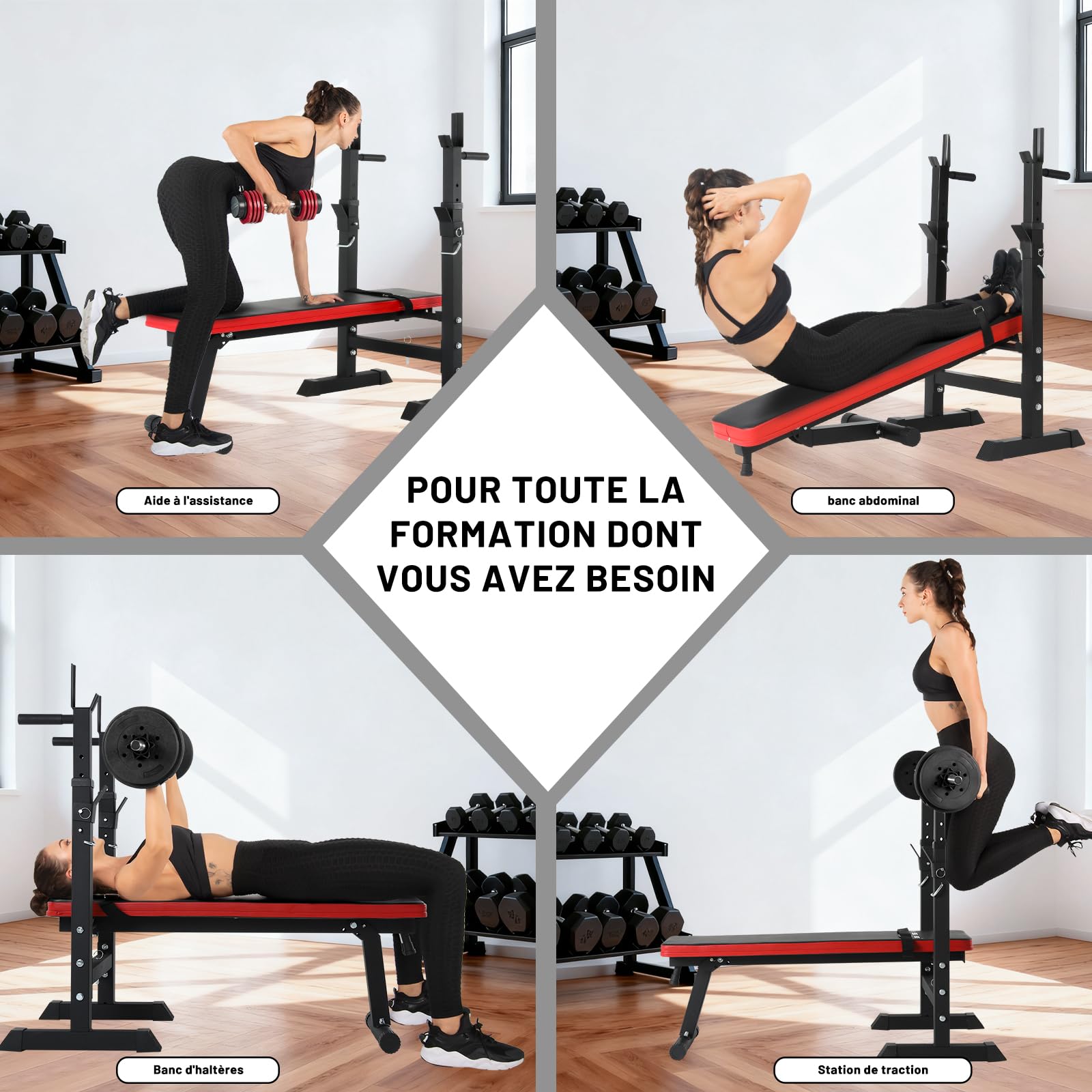 ISE Banc de Musculation Pliable, Banc Musculation Complet Réglable avec Support de Barres pour Haltère et Station à Dips, Bancs de Musculation Réglables, Rack Musculation Homme Sport Maison
