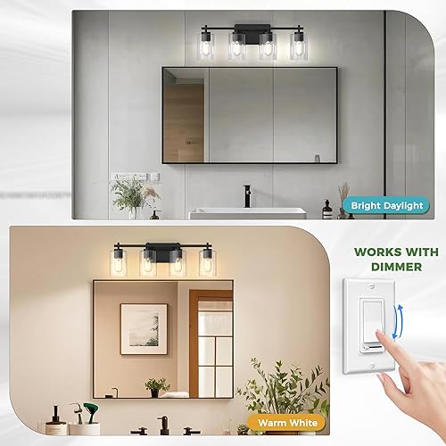 Miniatura 3 de DORESshop Lámpara de tocador de baño de 4 luces sobre el espejo, lámparas de baño negro mate con pantallas de vidrio transparente, luces modernas