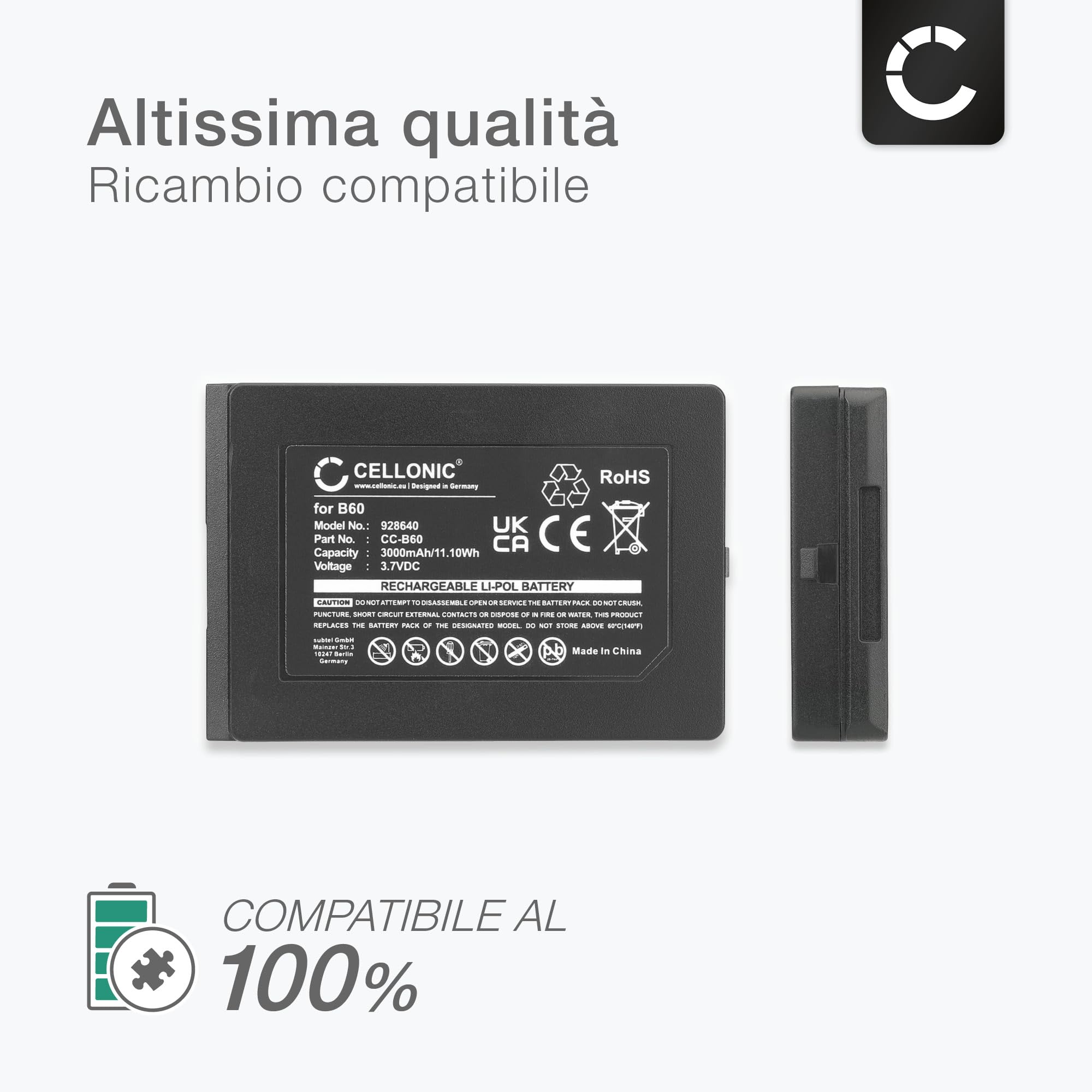 CELLONIC 2x Batteria compatibile con Vectron MobilePro 3, B60 | 2x, (3000mAh-3.7V-Litio Polimeri), Terminale di pagamento / POS Batteria per Vectron MobilePro 3, B60