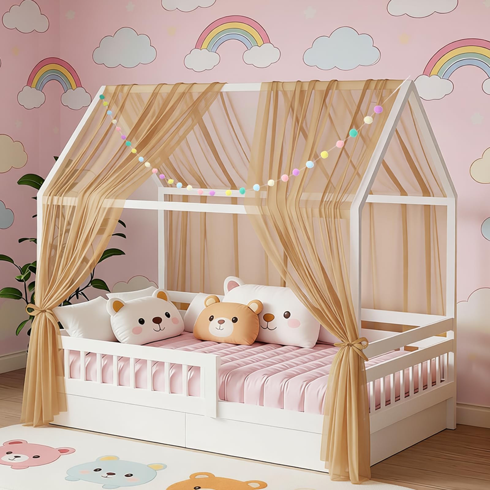 DOINEUFL 2 Stück Hausbett Himmel für Kinderbett, 160x350cm mit Farbiger Pompon-Girlande & Befestigungsbändern, leichte atmungsaktive Stoffvorhänge für Hausbett Deko, Mückenschutz (Khaki)