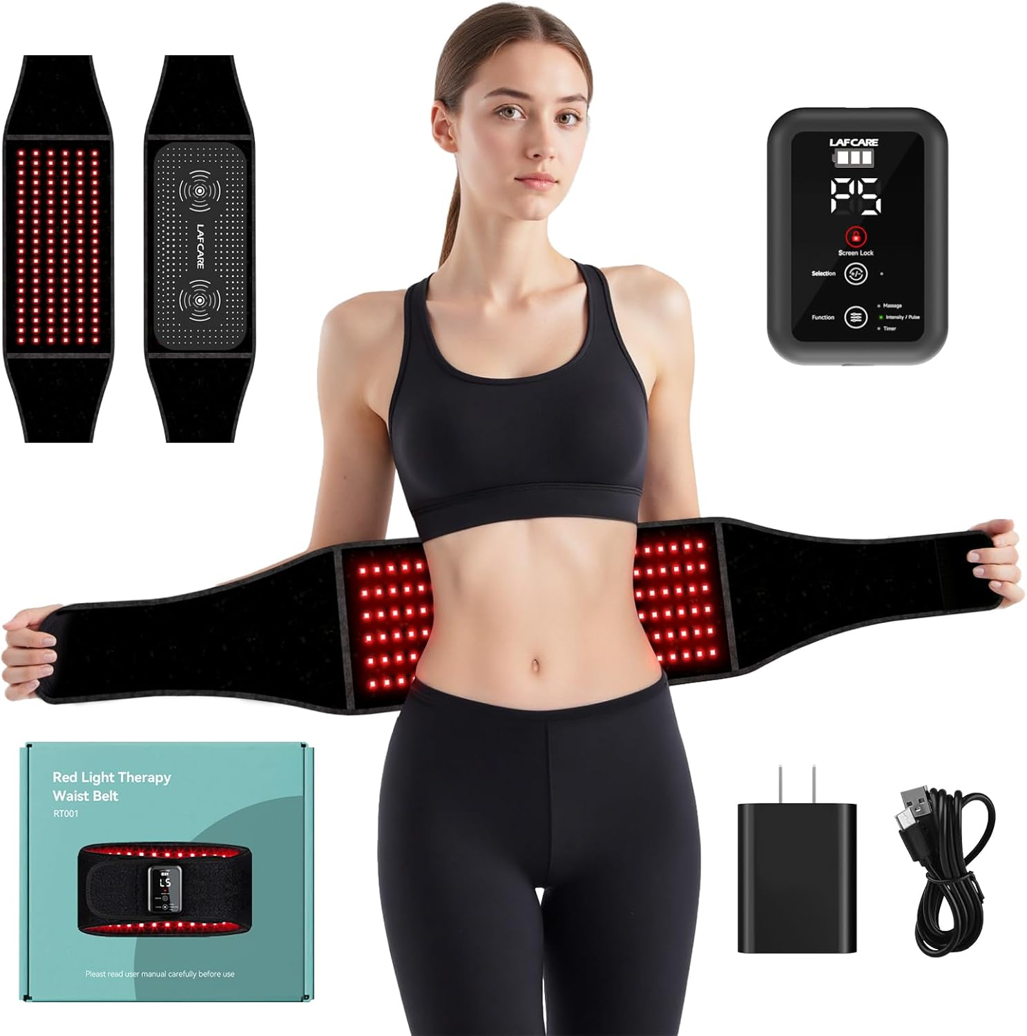 Red Light Therapy Belt, 660nm & 850nm Infrared Red Light Therapy Wrap with Massage and Timer, 5000mAh Cordless Rechargeable Red Light Relaxation Belt for Back, Abdomen, Joint & Muscle