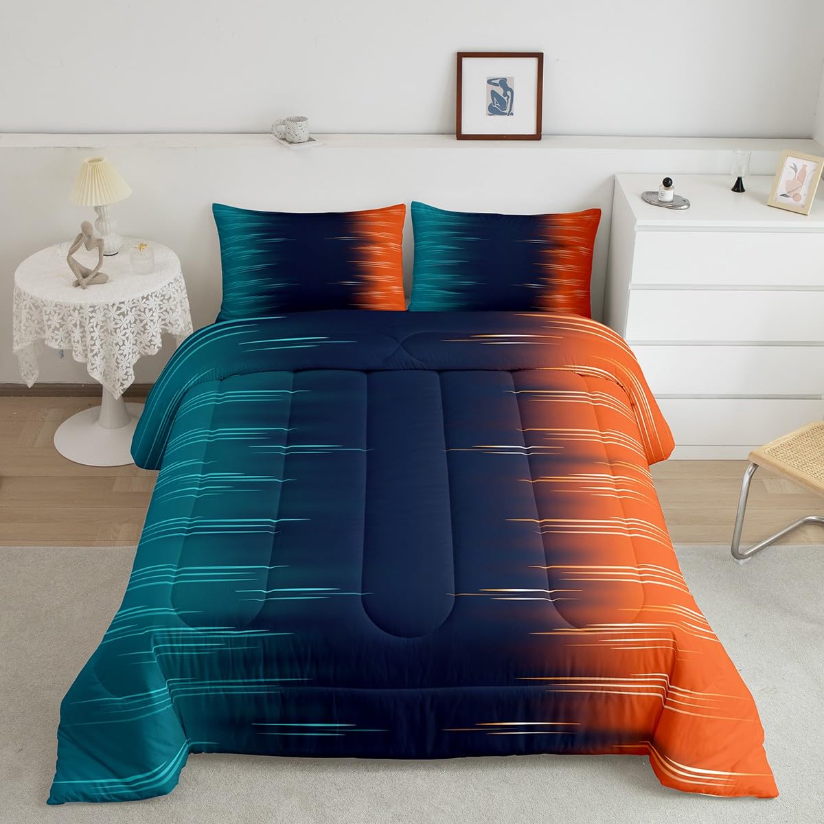 Erosebridal Contemporary Art Twin Comforter Set Blue Orange Bedding Sets,Gradient Ombre Duvet Insert Grunge Abstract Duvet Set Geometric Lines Quilted Comforter Boys Girls Adult Bedroom Decor,Cozy