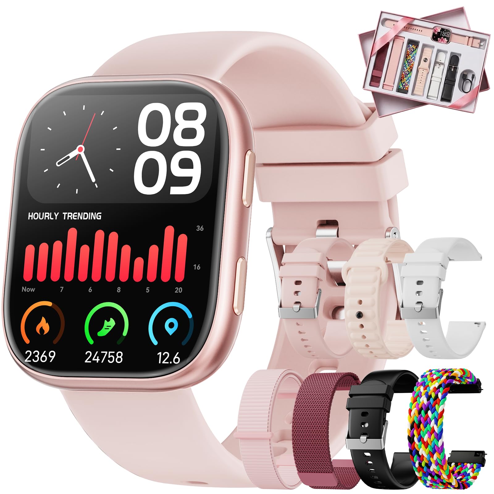Smartwatch Damen mit 7 Armbänder & Geschenkbox, 1.83" HD Smartwatch mit Bluetooth-Anruf, Fitness Tracker mit SpO2, Pulsmesser, Schlafmonitor, Schrittzähler, IP68 Wasserdicht, 100+ Sportmodi(Rosa)