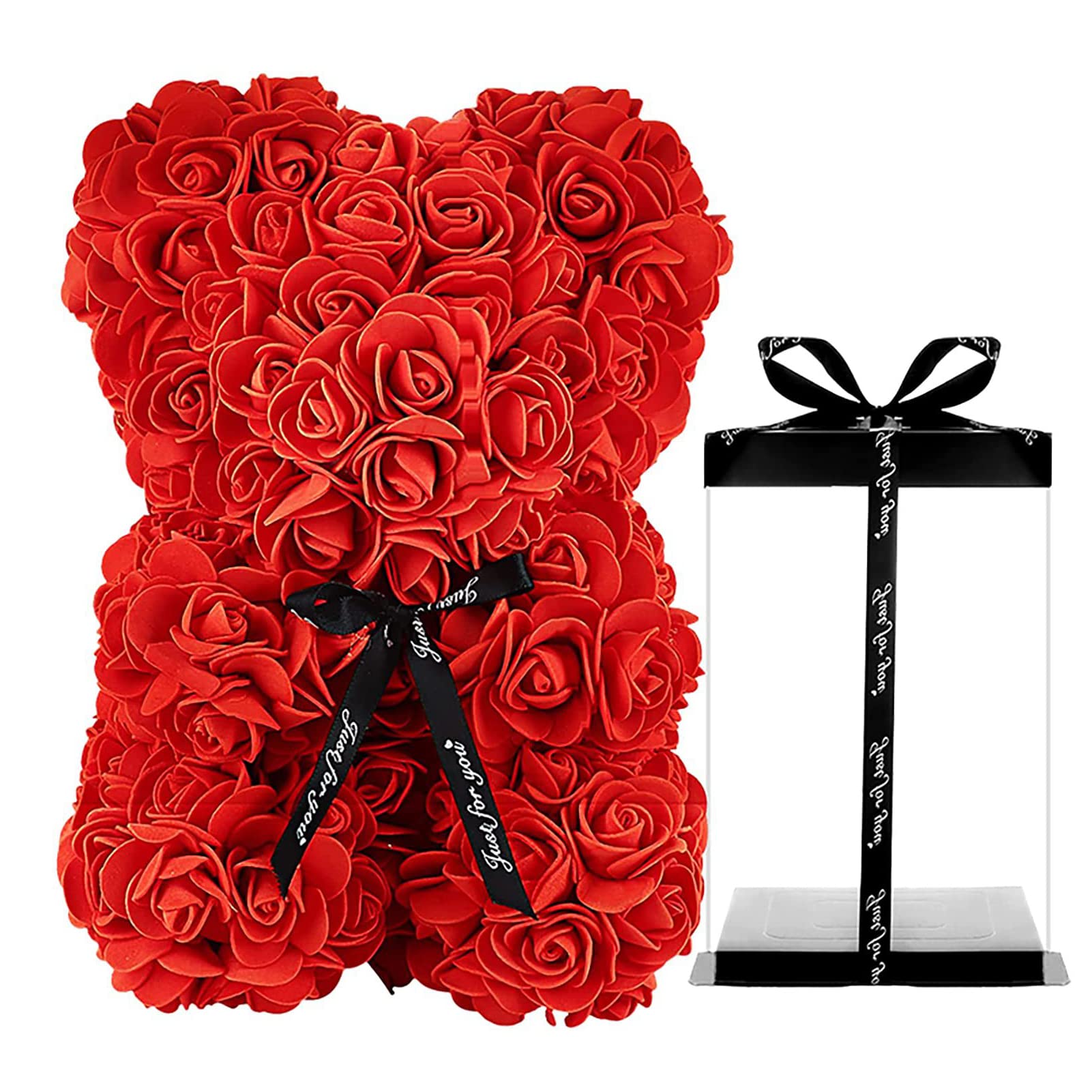 OusyaahTeddy Bear Handmade Rose Flower Bear with Bow Tie, Teddy Flower Bear with Rose Bouquet, Birthday Valentines Day Girlfriend Love Friends Wife Fiancée Daughter, Red, 25 x 15 x 15 cm (MQJ001)