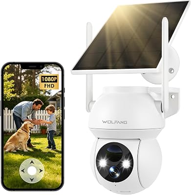 WOLFANG Caméra de sécurité Solaire d’extérieur 1080p PTZ WiFi 360° (2,4 G Uniquement), détection de Mouvement PIR, Vision Nocturne Couleur, Audio bidirectionnel, IP65, Fonctionne avec Alexa et Google