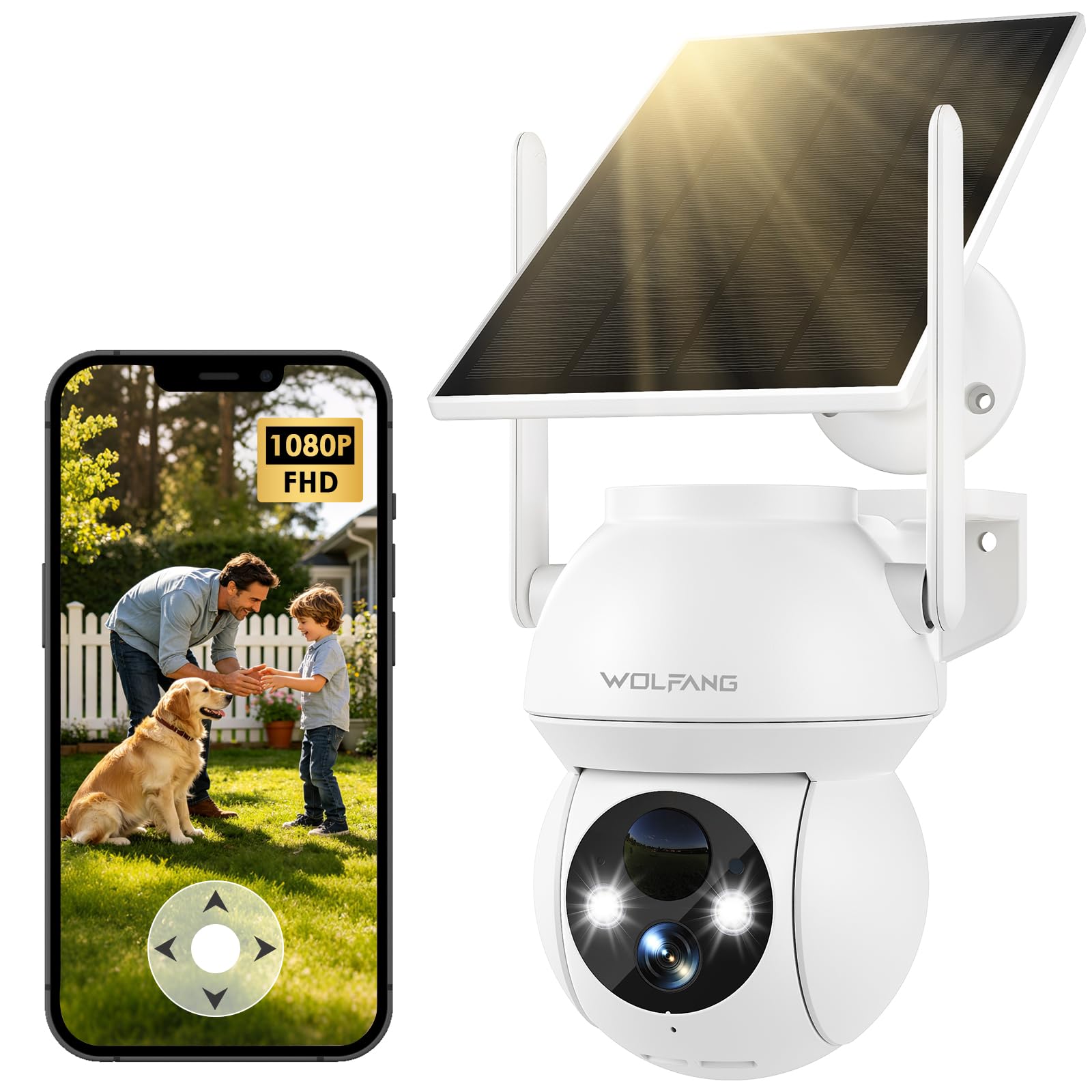 WOLFANG Solarna kamera bezpieczeństwa 1080P na zewnątrz, kamera WiFi PTZ 360° (tylko 2,4 G), wykrywanie ruchu PIR, noktowizor, dwukierunkowy dźwięk, IP65, współpracuje z Alexa i Google Home, bez