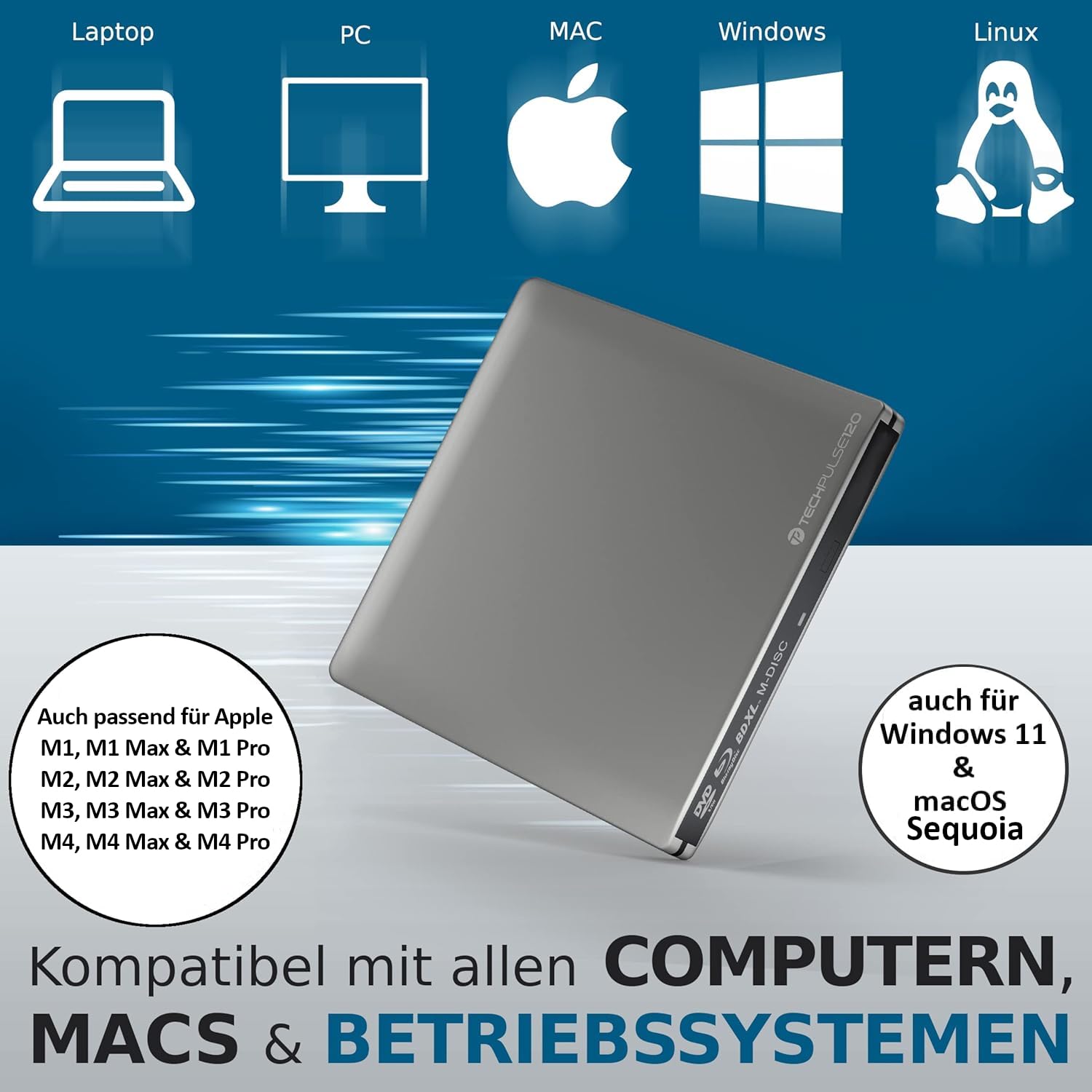 techPulse120 USB 3.1 Typ-C externer M-Disc BDXL Blu-ray Brenner Player Superdrive Laufwerk BD DVD CD Slim für Computer PC Desktop Notebook Windows Mac OS Apple iMac MacBook Pro Air Aluminium Silber