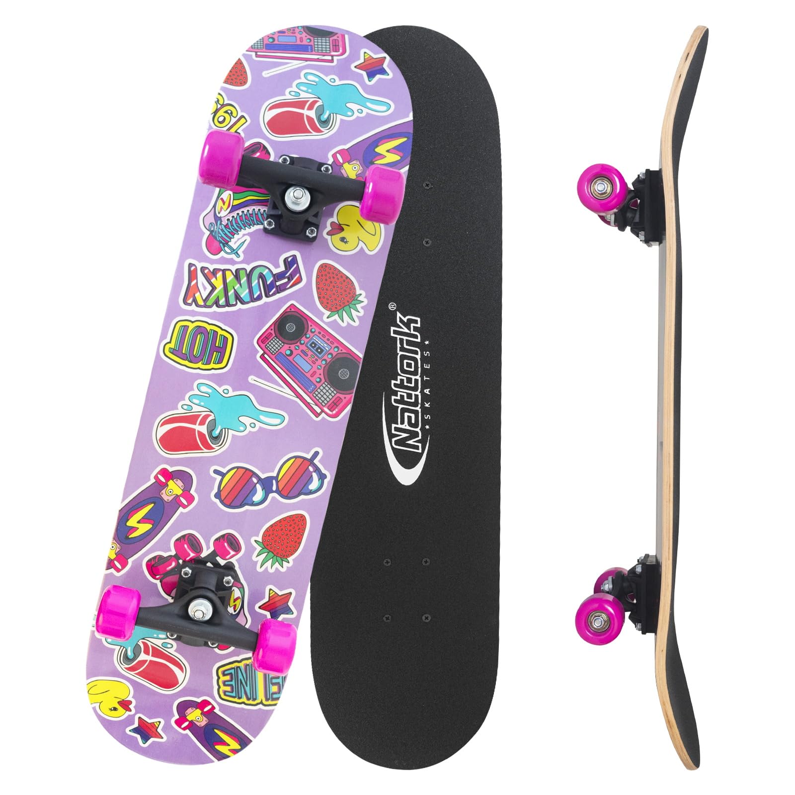 Nattork 31 Inch Complete Skateboard, Standard Skateboards Gift for Beginners, Wood 9 Layer Canadian Maple Trick Skate Boards for Boys Girls Youth Teens (Pink Sticker)