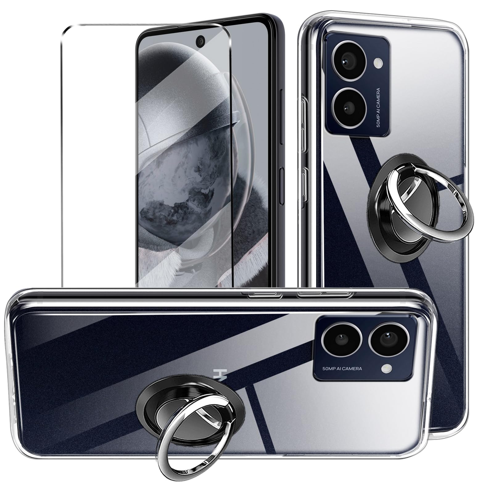 3-in-1 Case + Phone holder Ring For HMD Pulse Pro/ HMD Pulse Plus / HMD Pulse Cover with 1 Pack Tempered Glass Screen Protector Slim Fit Soft TPU Shockproof Anti-Scratch Phone Case Cover - Clear