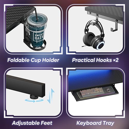 Miniatura 42 de Bestier Escritorio para juegos de 42 pulgadas con luces LED, mesa de juegos para computadora pequeña con estante para monitor, escritorio para Fibra