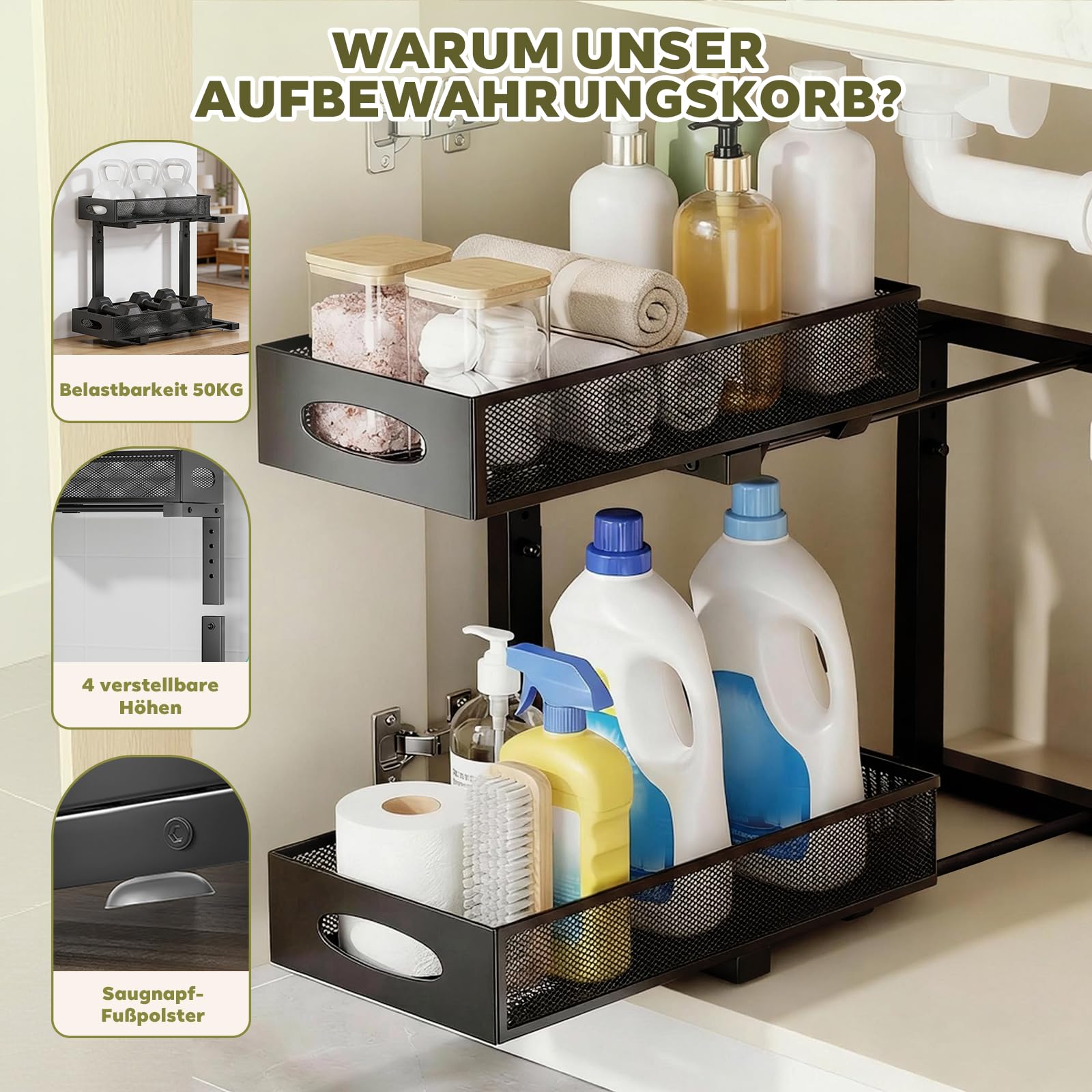 Ausziehbarer Schrankorganizer, 2-stöckiger Metallkorb mit Mesh-Schubladen für Küche (Untertisch), Bad, Vorratsschrank