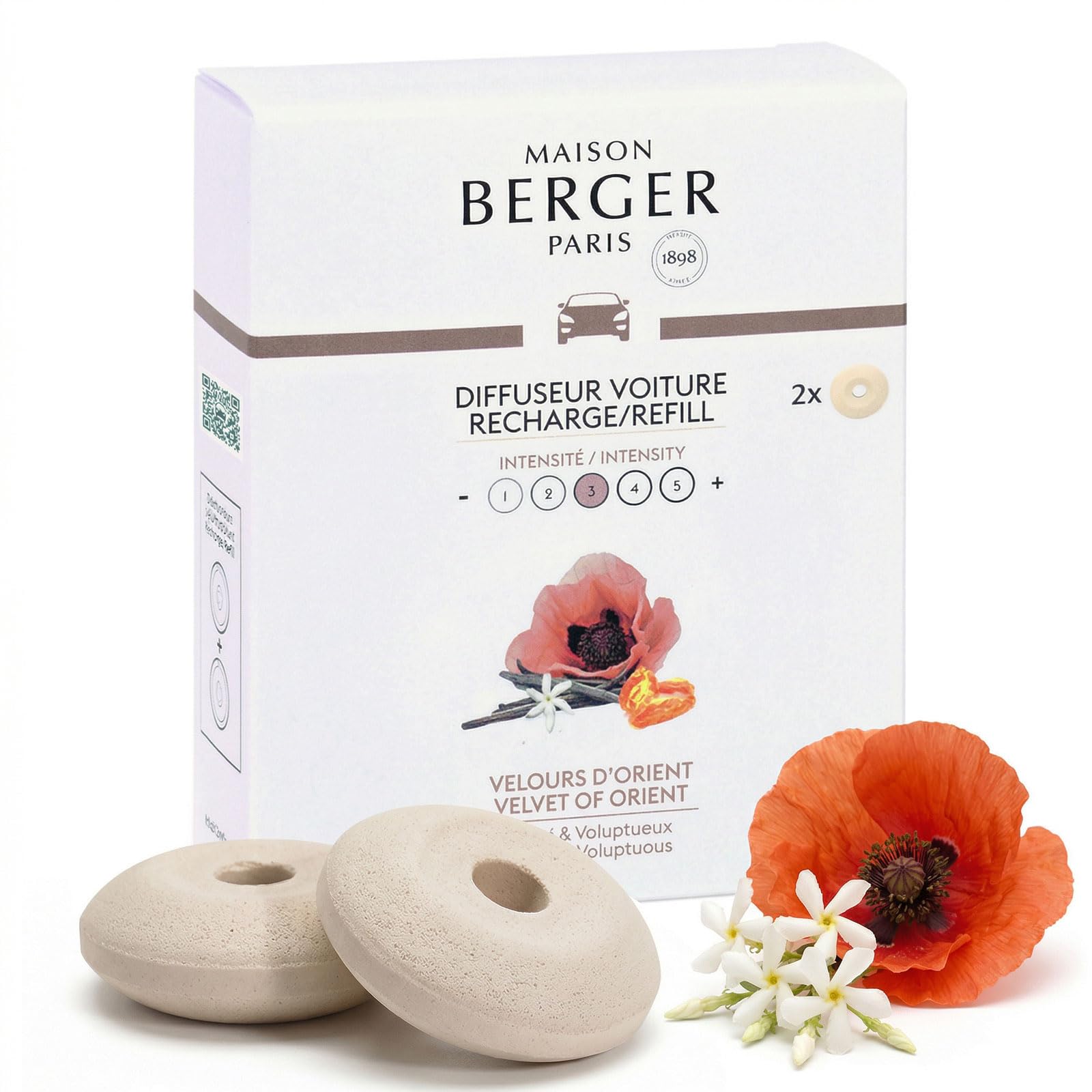 Maison Berger Velours D'orient Luxury Car Diffuser Refill Set Velvet Of Orient – Pack Of 2 Ceramic Refills, 4-6 Week Passive Diffusion, Made In France