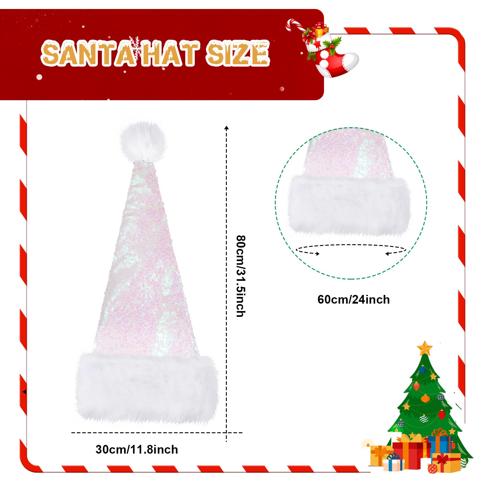 Geyoga 4 Pieces Christmas Santa Hats Xmas Shiny Sequin Santa Hats for Adults Long Christmas Cap Women Men Party Supplies(Iridescent)