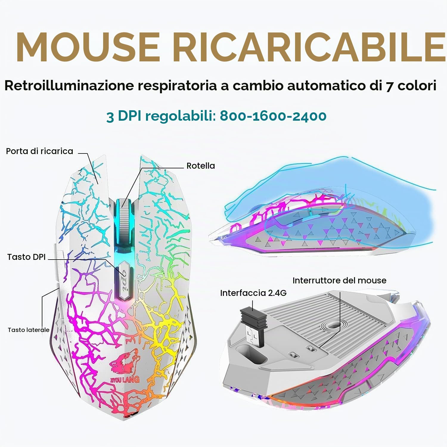 Set Tastiera E Mouse Da Gioco Wireless Compatti Al 60%, 3800mAh Type-c Ricaricabile RGB Arcobaleno Tastiera Illuminata Sensazione Meccanica Respirazione Retroilluminazione Mouse Luminoso Per PC-Bianco