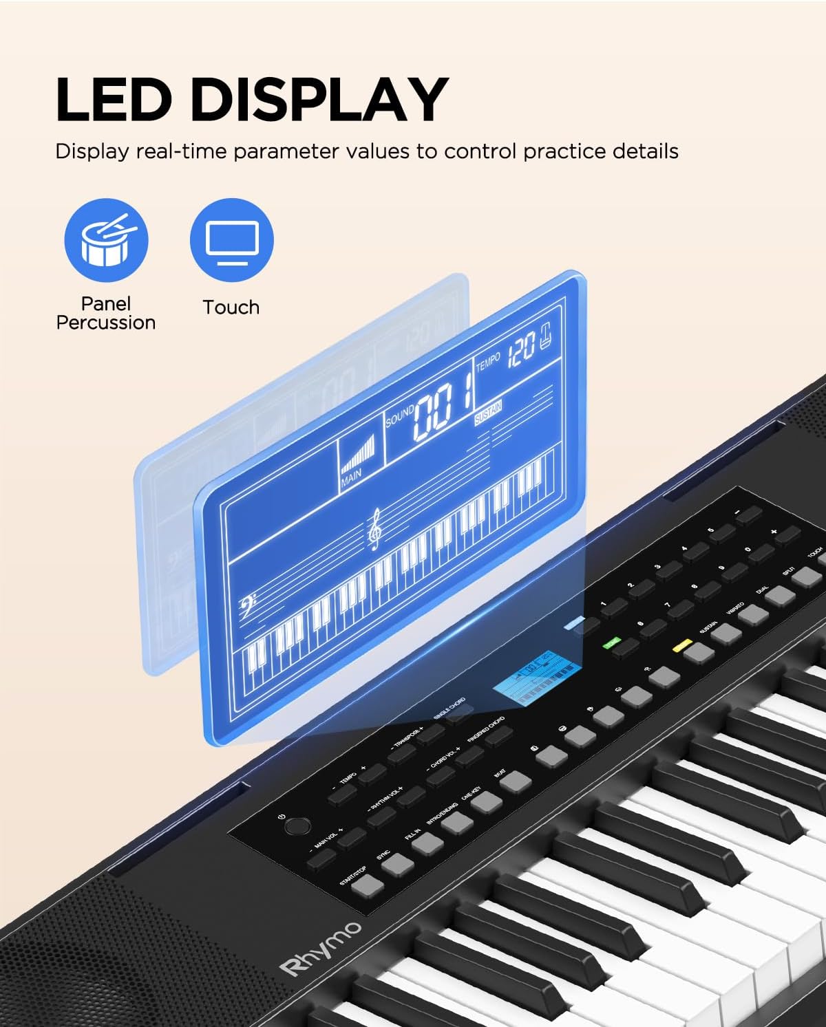 Rhymo 61 Key Keyboard Piano, Electric Piano Keyboard with Touch Response, LED display, Music Stand, 300 Voices, 300 Rhythms, Learning Keyboard Piano for Beginners, Built-in Speakers - Image 3