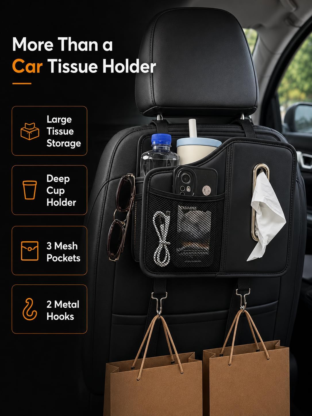 Leather Car Tissue Holder, Back Seat Car Organizer with Cup Holder & Hooks