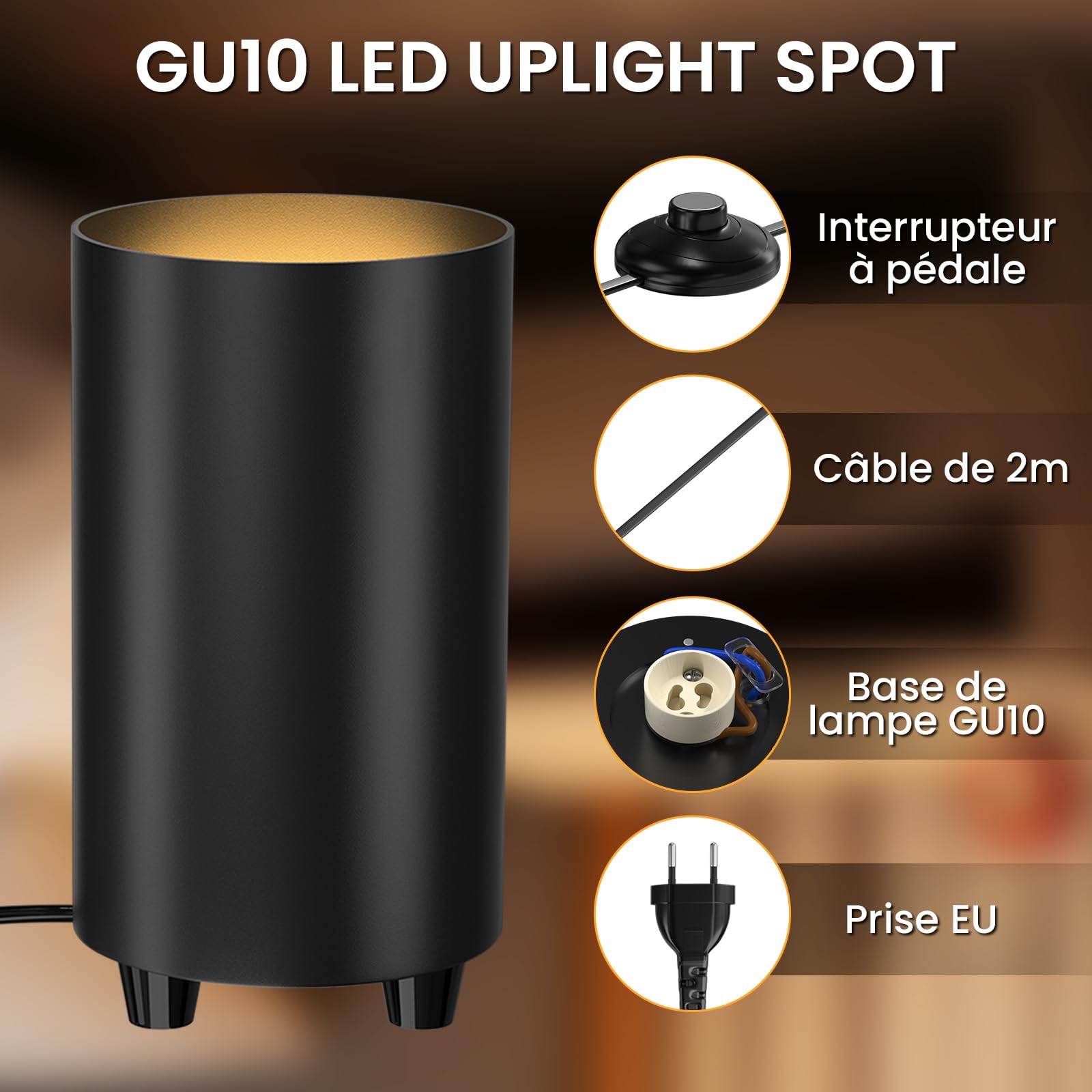 GU10 LED Uplight Spot, 5W Spot Éclairage Indirect, Lampe d'ambiance sur pied avec Interrupteur à pied, 2X Ampoule LED GU10 Blanc Chaud 3000K, Non-dimmable,Noir, Fiche UE (Lot de 2)