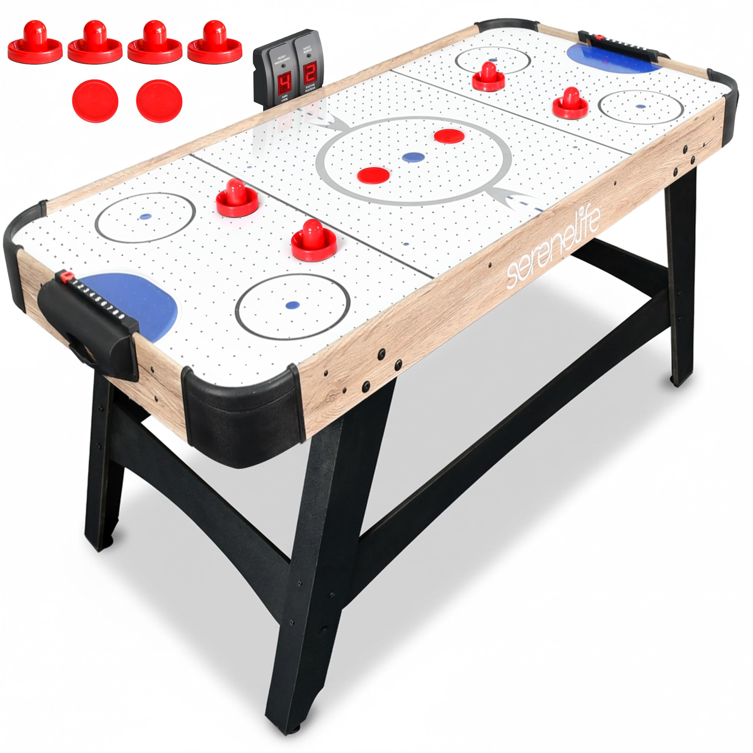 SereneLife 58in Powered Air Hockey Table Upgraded 700mA 12v 2X Powerful Motor, 4 Player 4 Pucks 2 Pushers, Full-Size Arcade Style, Inline Power Switch and Battery Free Digital LED Score Board