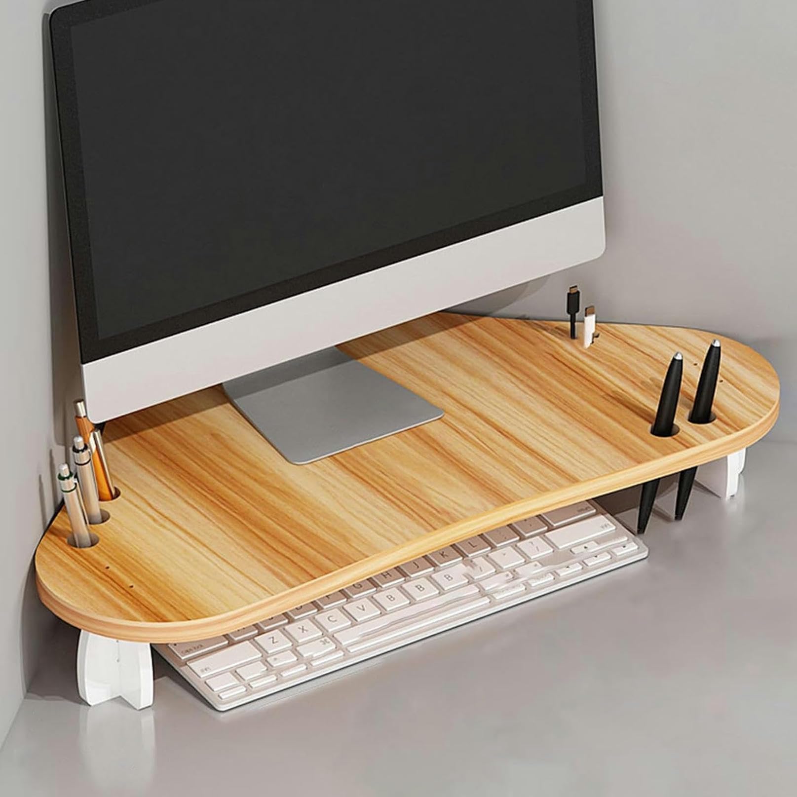 SDGcfgjW corner desks， Corner Monitor Stand Laptop Riser Office Storage Rack with Pen Holder, Space Saving Desktop Shelf Screen(Brown)