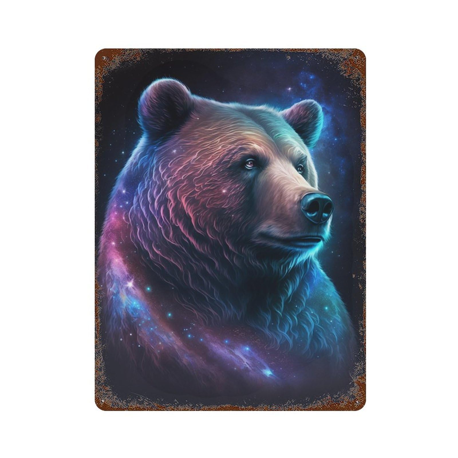 Weathered Tin Sign Cosmic Bear Portrait Artwork 15.7"x11.8", Novelty Wall Decor for Basement, Hobby Room And Garage Decor