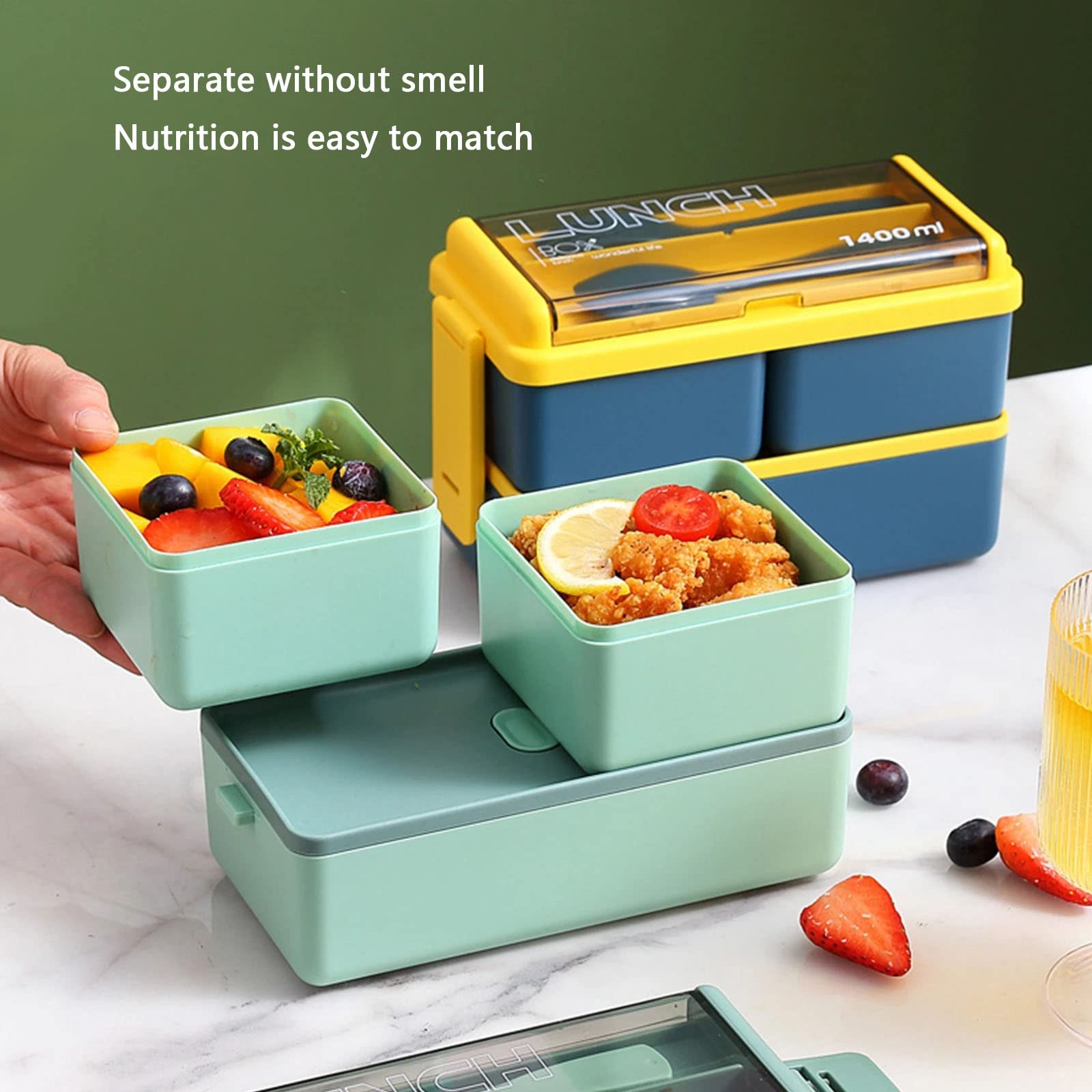 pudełko na lunch, Bento Box dla chłopców z przegródkami na sztućce Szczelny dwuwarstwowy plastik nadaje się do mikrofalówki szczelny