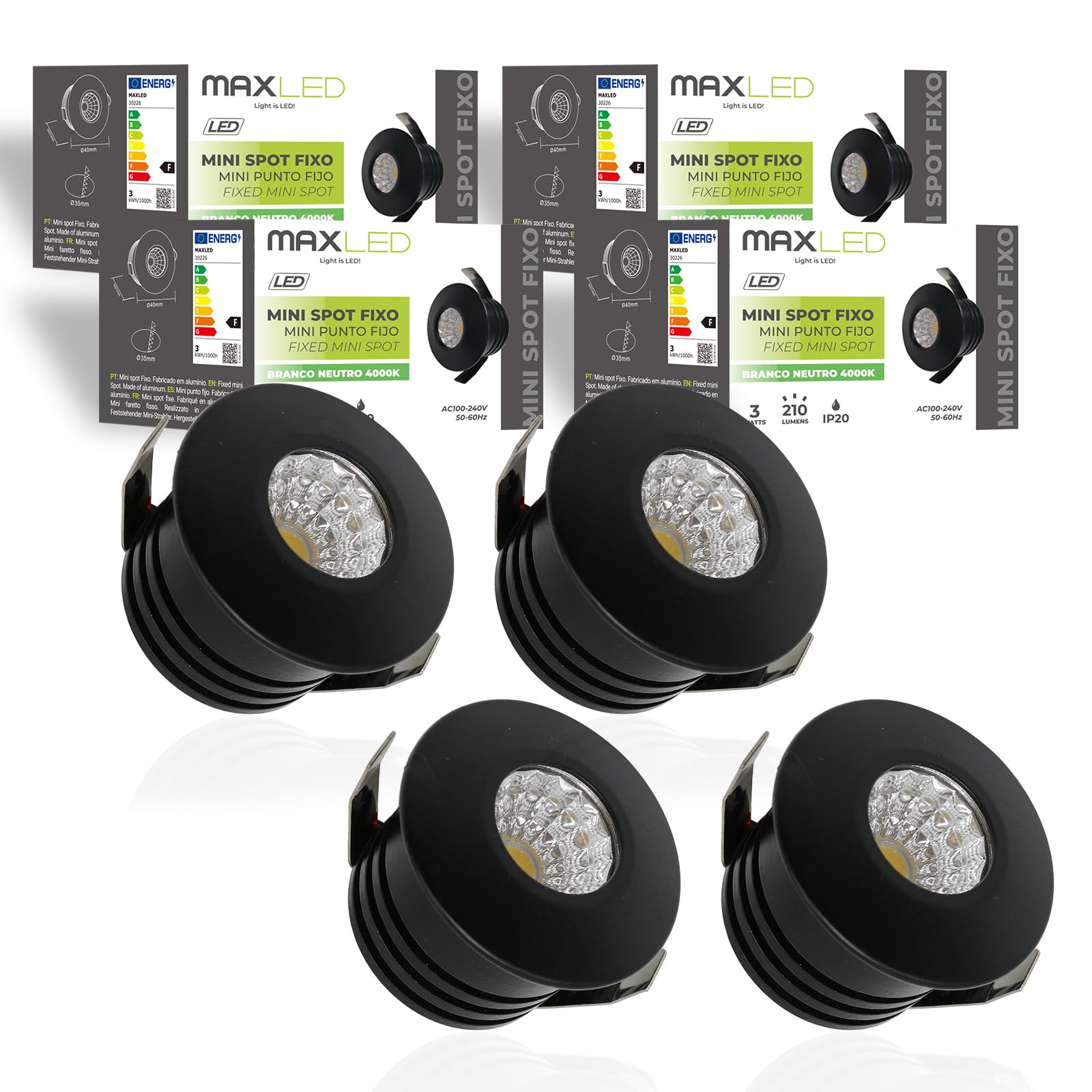 Maxled, Light is Led! 3W MINI LED Recessed Spotlight 210LM Small LED Downlight Natural White 4000K Small Recessed Ceiling Lights IP20 Ceiling Downlight Kit for Kitchen Stairs Showcases Hallway 4 Pack