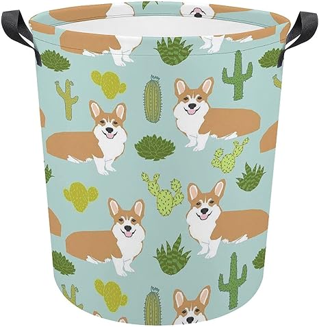 Amazon ランドリーバスケット ランドリーボックス 水色のコーギー サボテン 洗濯物入れ 洗濯物用かご おもちゃの収納 汚れた服の収納 バスケット 取っ手付き 折り畳み式 雑貨整理 大容量 リビング 寝室 おしゃれ 円形 かご バスケット オンライン通販