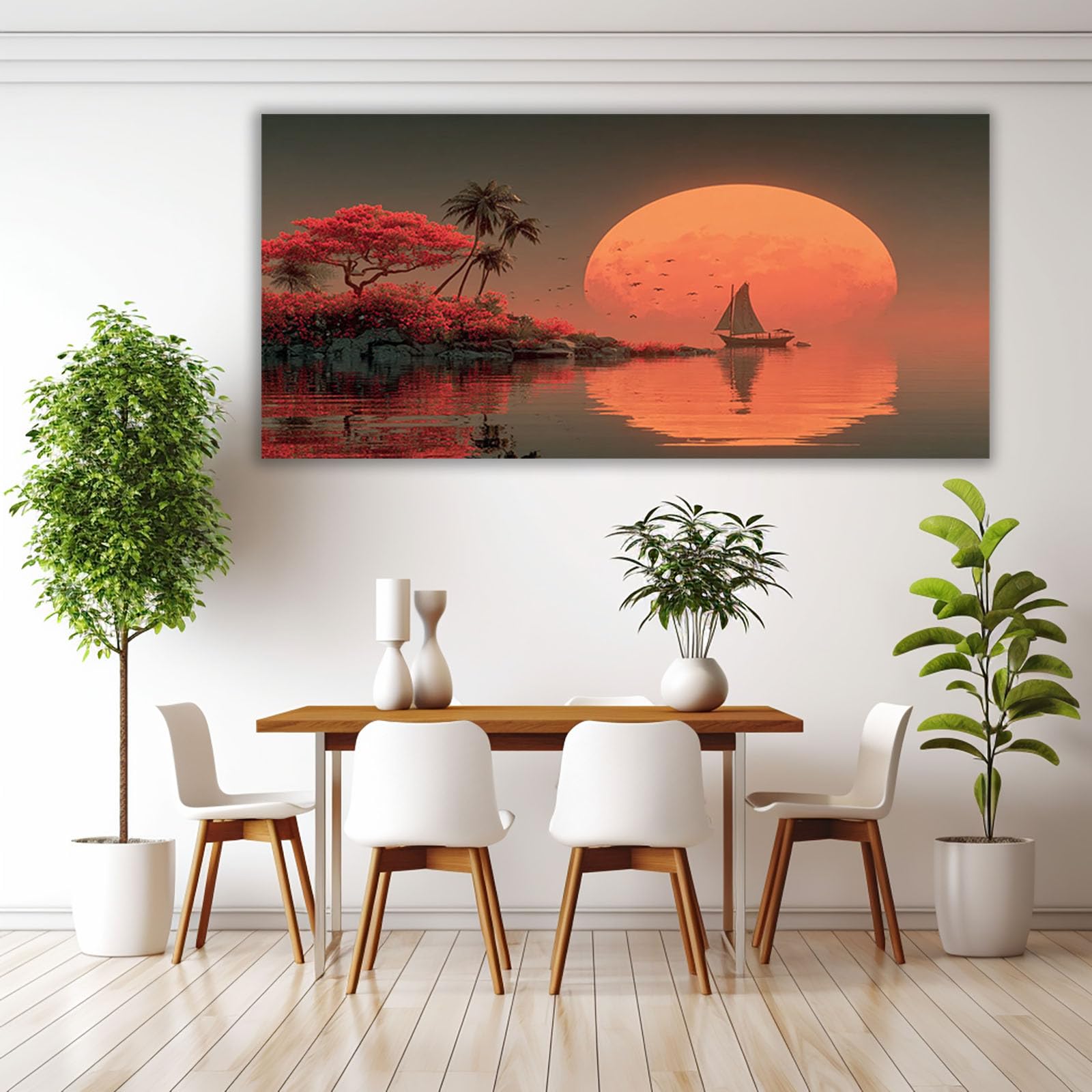 AMXBZC Moderne Leinwand Bilder Lake Tree Sonnenuntergangs Schlafzimmer Landschafts Bilder -Kunstdruck- Badezimmer -Büro Küche -Wohnzimmer Wand Deko(Orange 3)-20x40cm Gerahmt